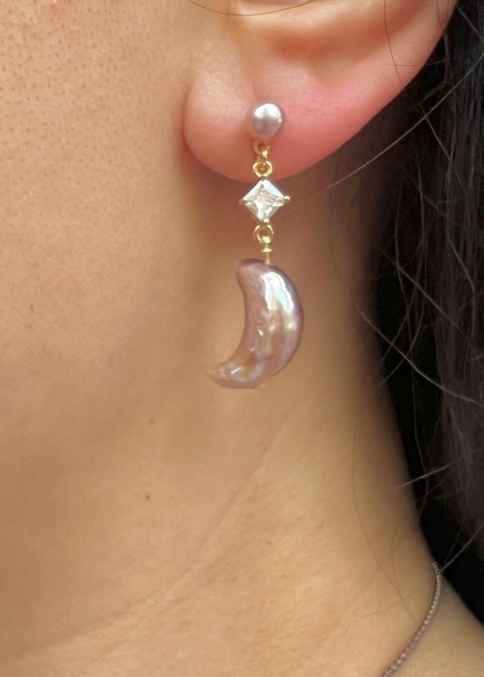 Delicate freshwater pearl moon face star earring. Dainty earrings. Space earrings. Purple gold pearl earrings. Minimalist earrings.