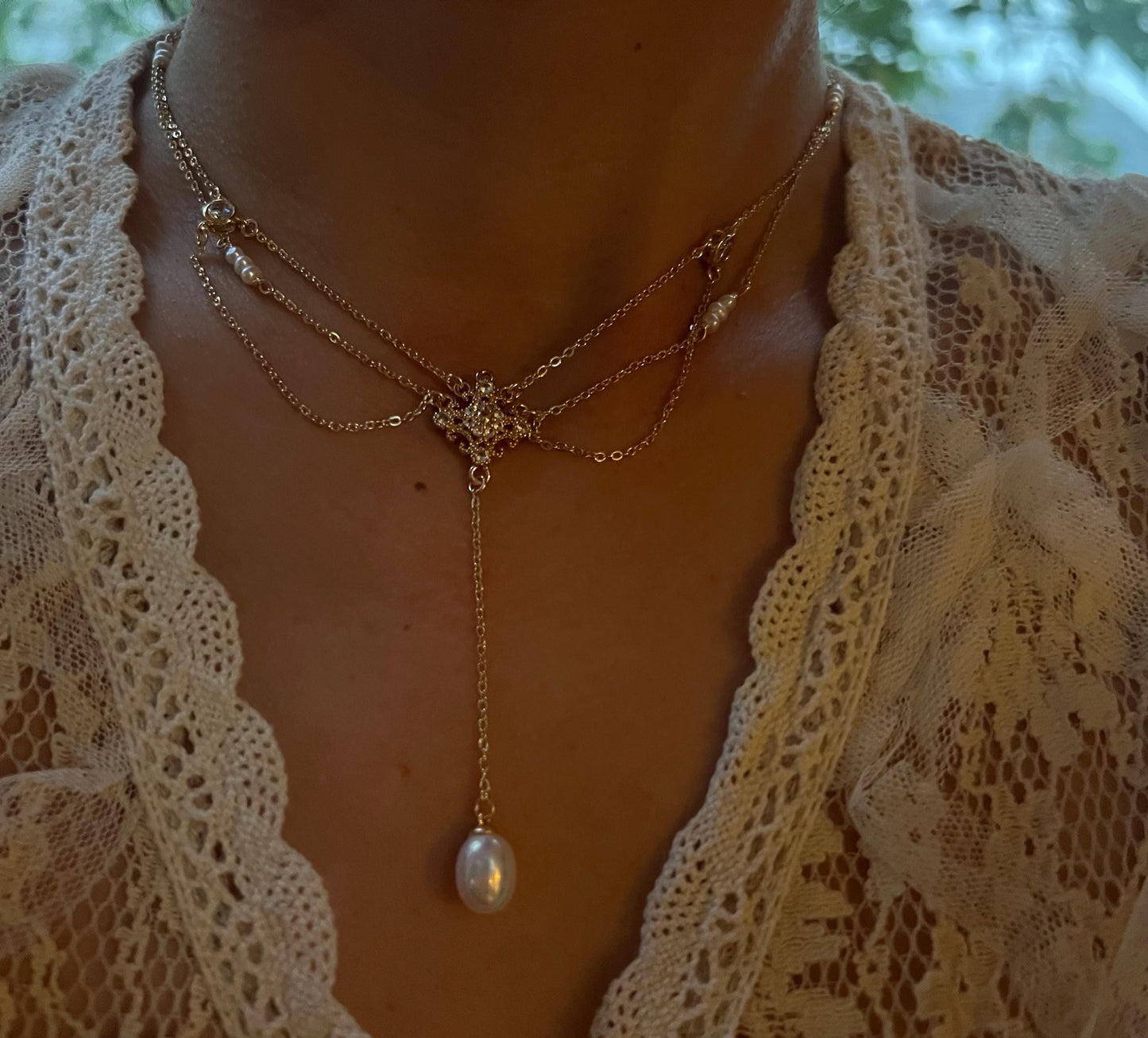 Vintage style freshwater pearl filigree necklace. Art nouveau necklace. Diamonds necklace. Victoria style necklace. Gift for her