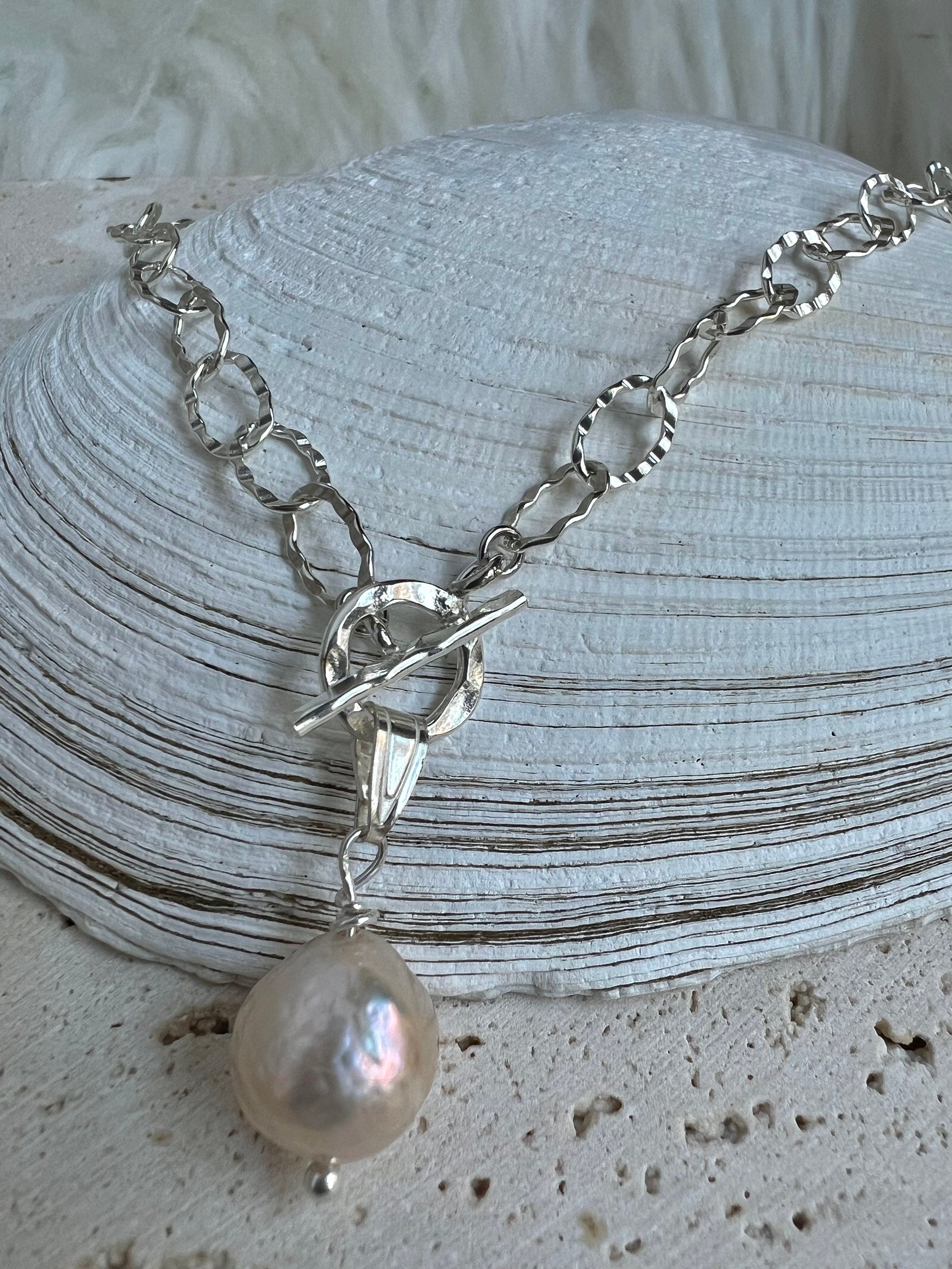 925 sterling sliver freshwater high luster baroque pearl sparkle chain charm OT clasp necklace. Minimalist pearl necklace. gift for her.