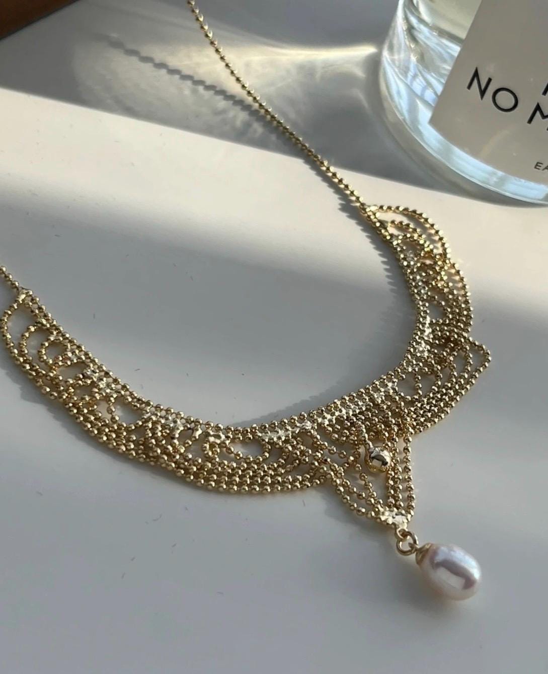 Baroque pearl waving layered chain necklace. Tassels necklace. Boho necklace. Wedding necklace. Gift for her