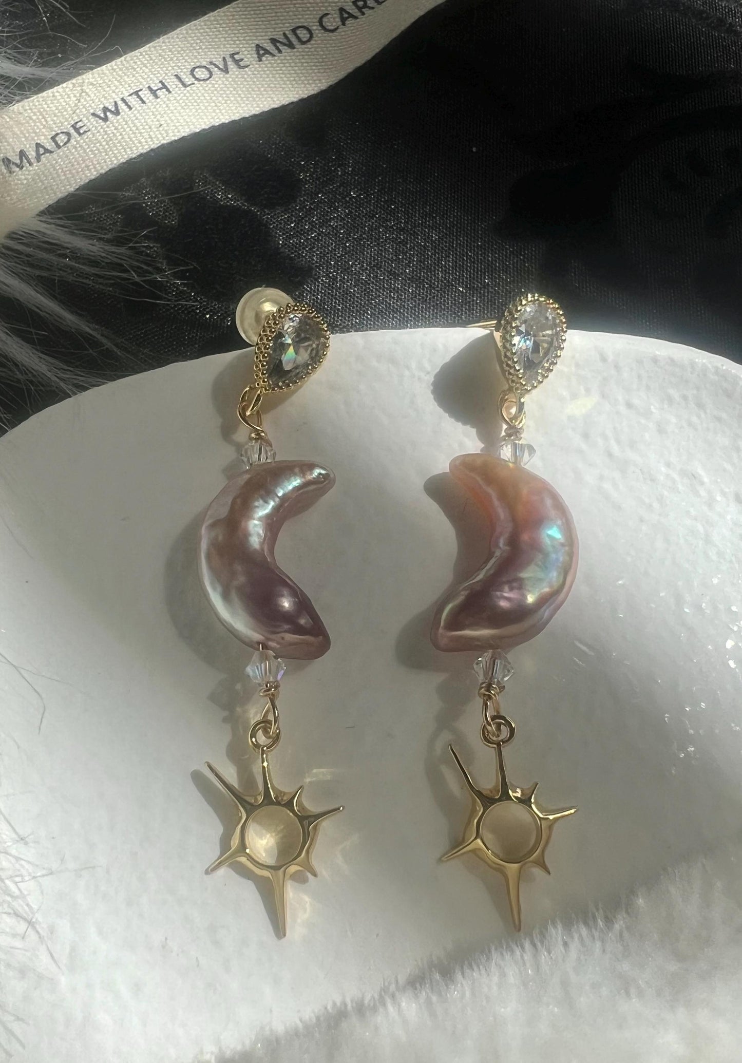 Moon shaped freshwater baroque pearl earring. Moon and star earrings. Crystal dangle Bridal earrings. Space sparkle earrings.