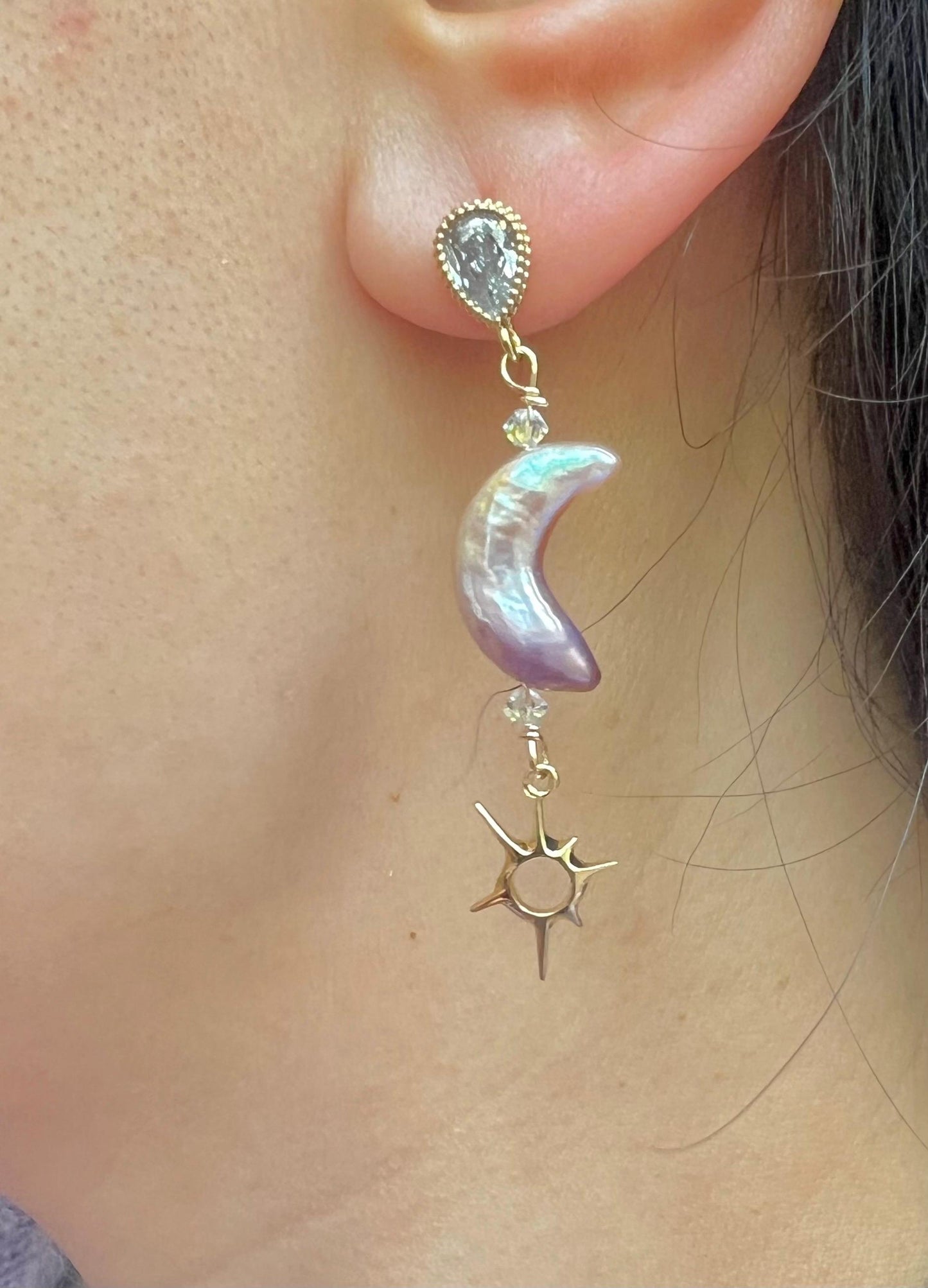 Moon shaped freshwater baroque pearl earring. Moon and star earrings. Crystal dangle Bridal earrings. Space sparkle earrings.