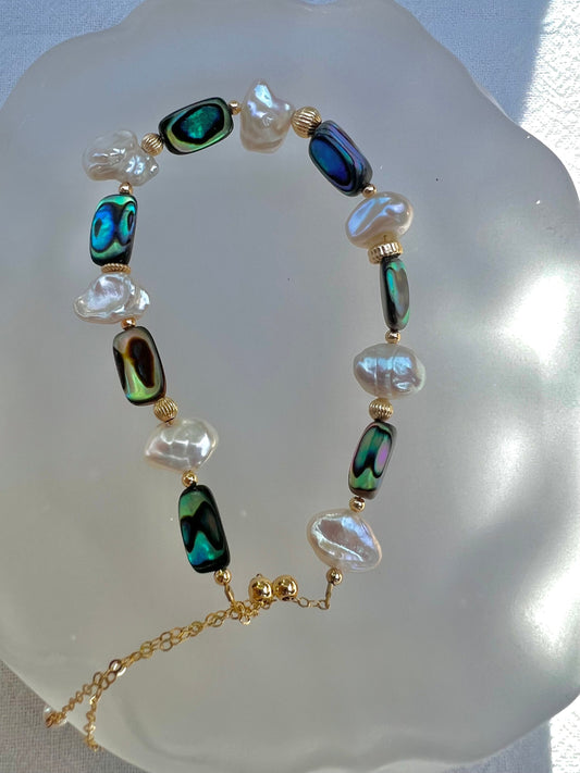 14K gold filled abalone baroque pearl elephant bracelet. Petal pearl bracelet. Lightweight bracelet. Adjustable bracelet