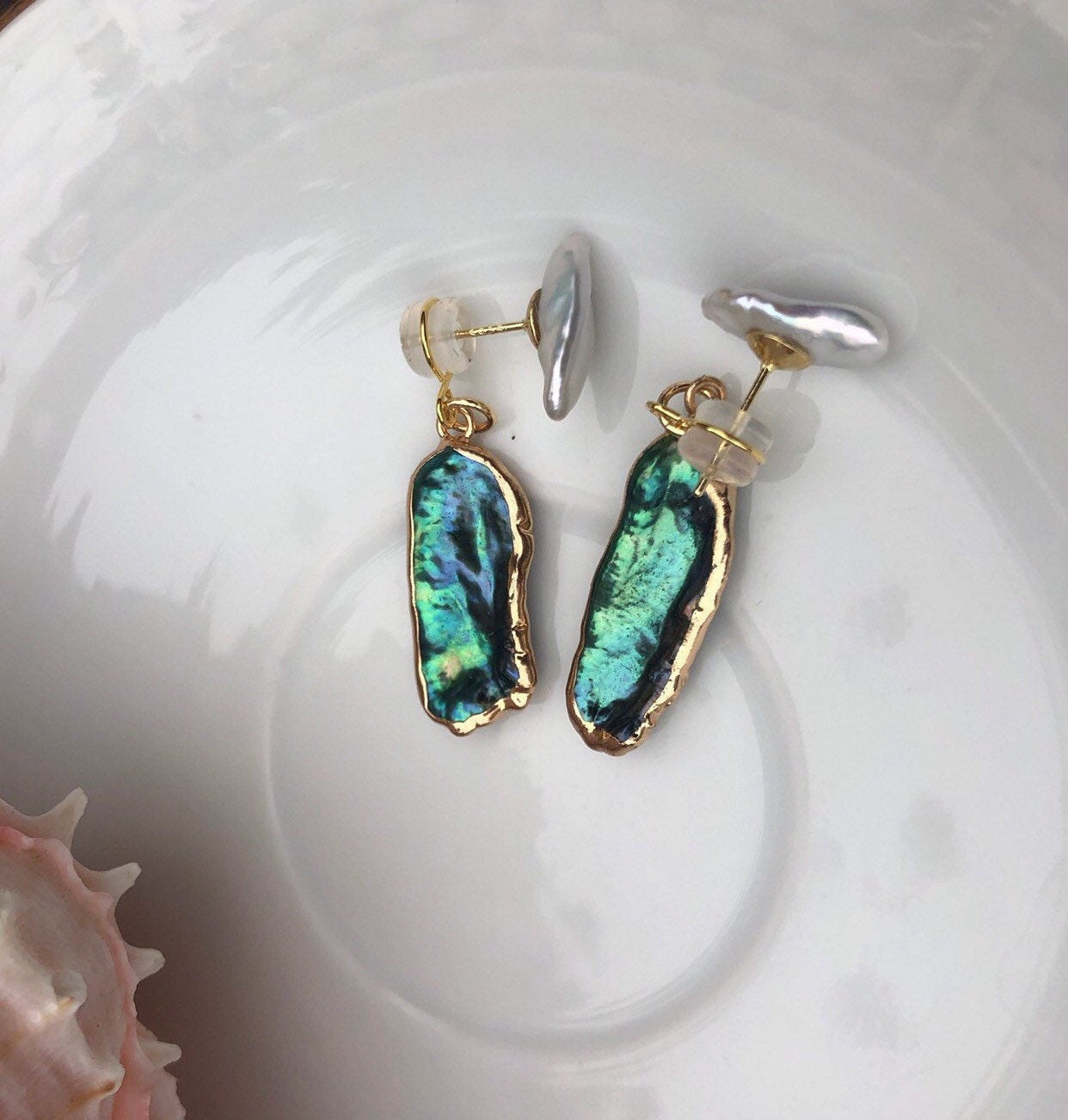 Peacock Baroque pearls front back stud earring. Unique large irregular pearl earring. Green and blue baroque pearl drop earring. Wedding.