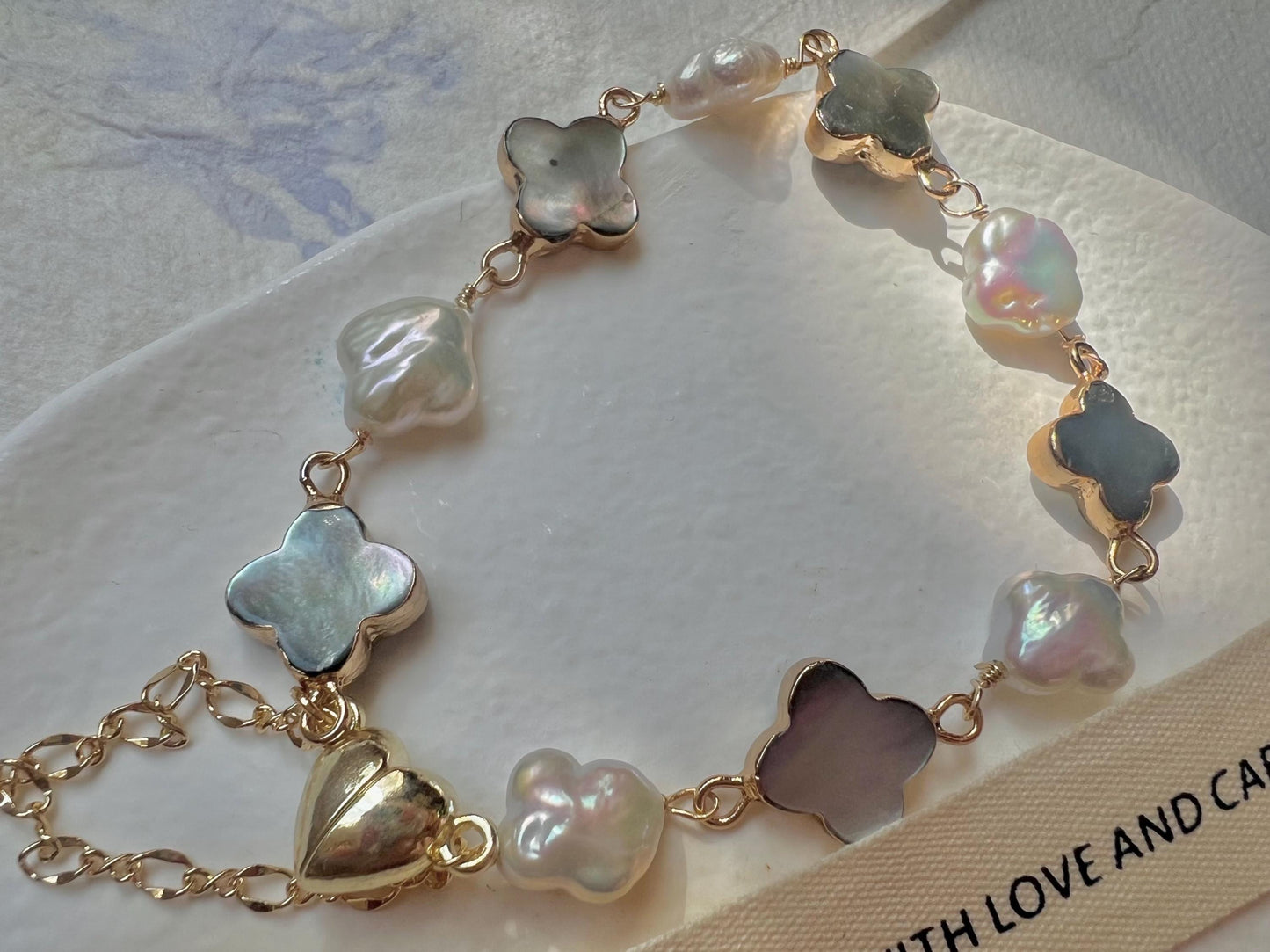 Freshwater multiple-color baroque clover pearl and mother of pearl clover bracelet. White four leaf flower bracelet.  Lucky bracelet.