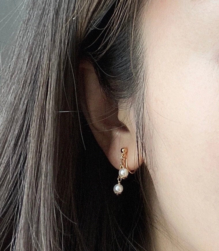 14K gold filled freshwater tiny pearl earring. Dainty earrings. Minimalist clip on earrings. Bridal earrings. No pain earrings.