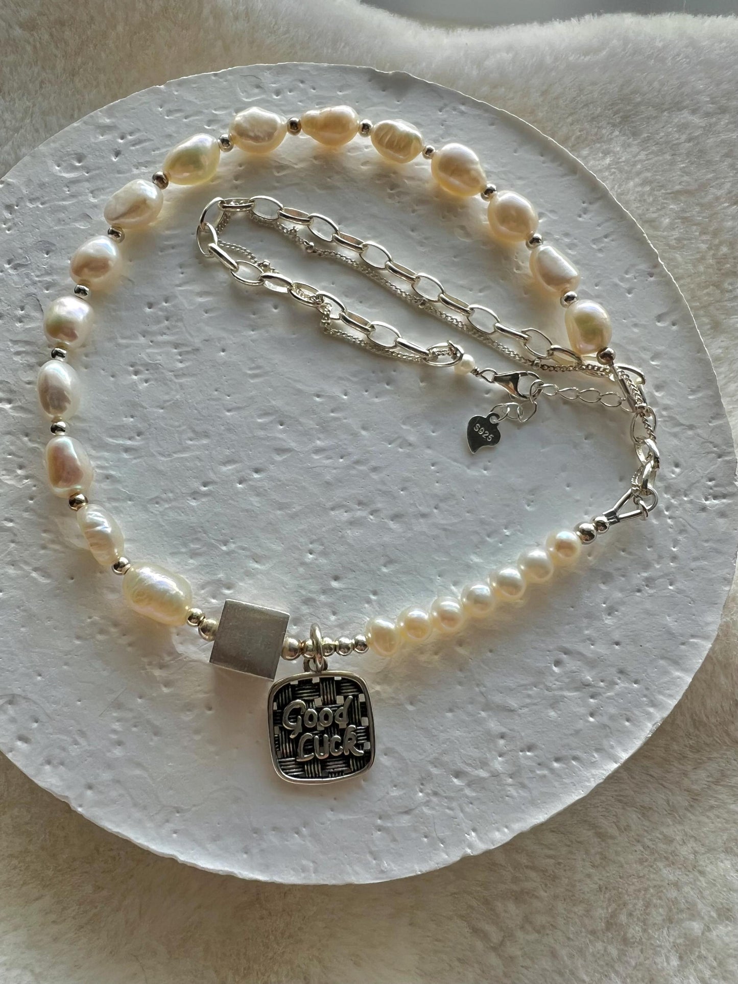 925 sterling silver freshwater pearl half chain layered lucky charm necklace. Real pearl statement necklace. Boho necklace. Chunky necklace.