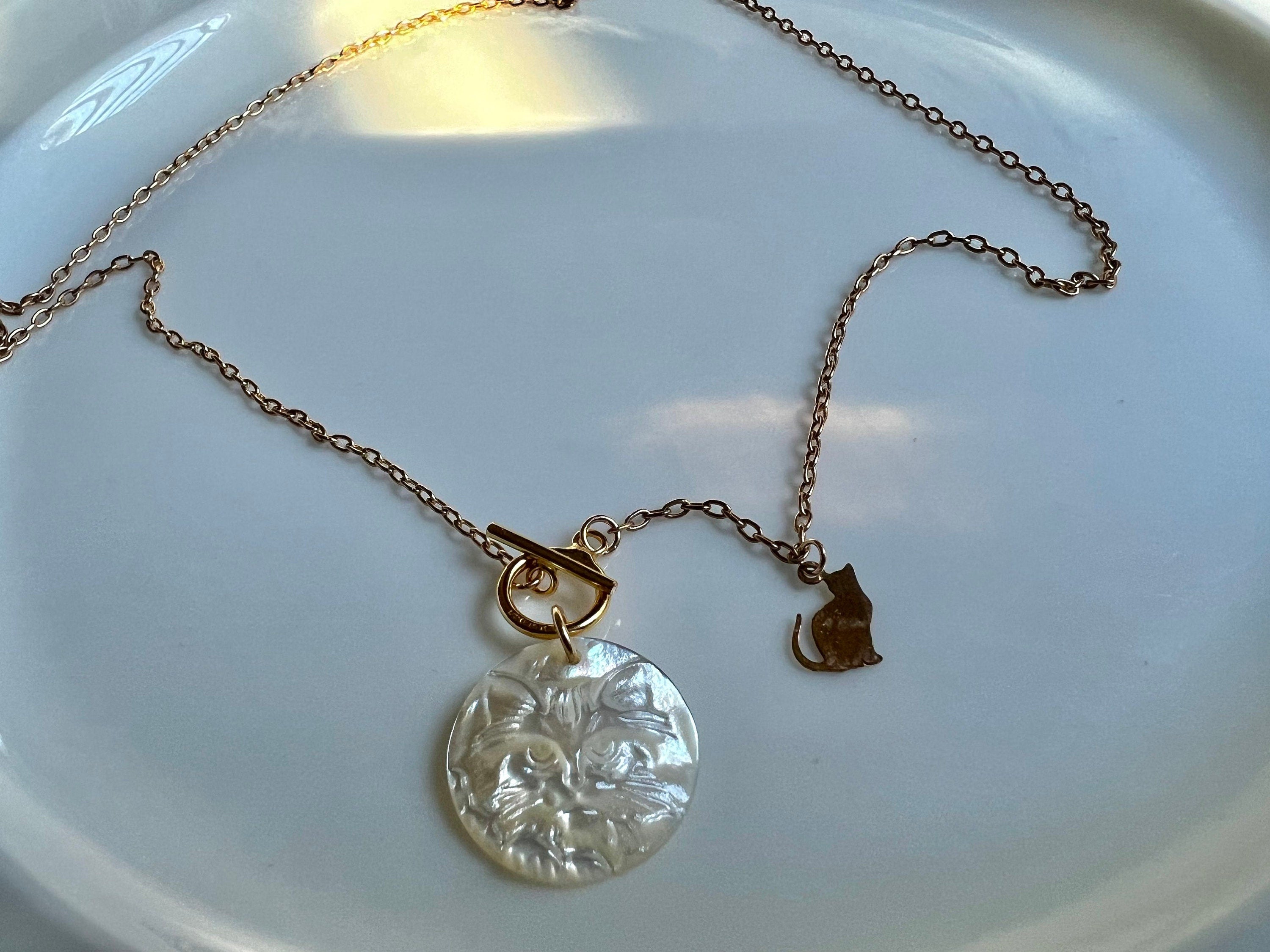 14K gold filled mother of pearl handcrafted cat necklace. OT clasp necklace. Animal necklace. Minimalist necklace. Cute necklace. Valentines