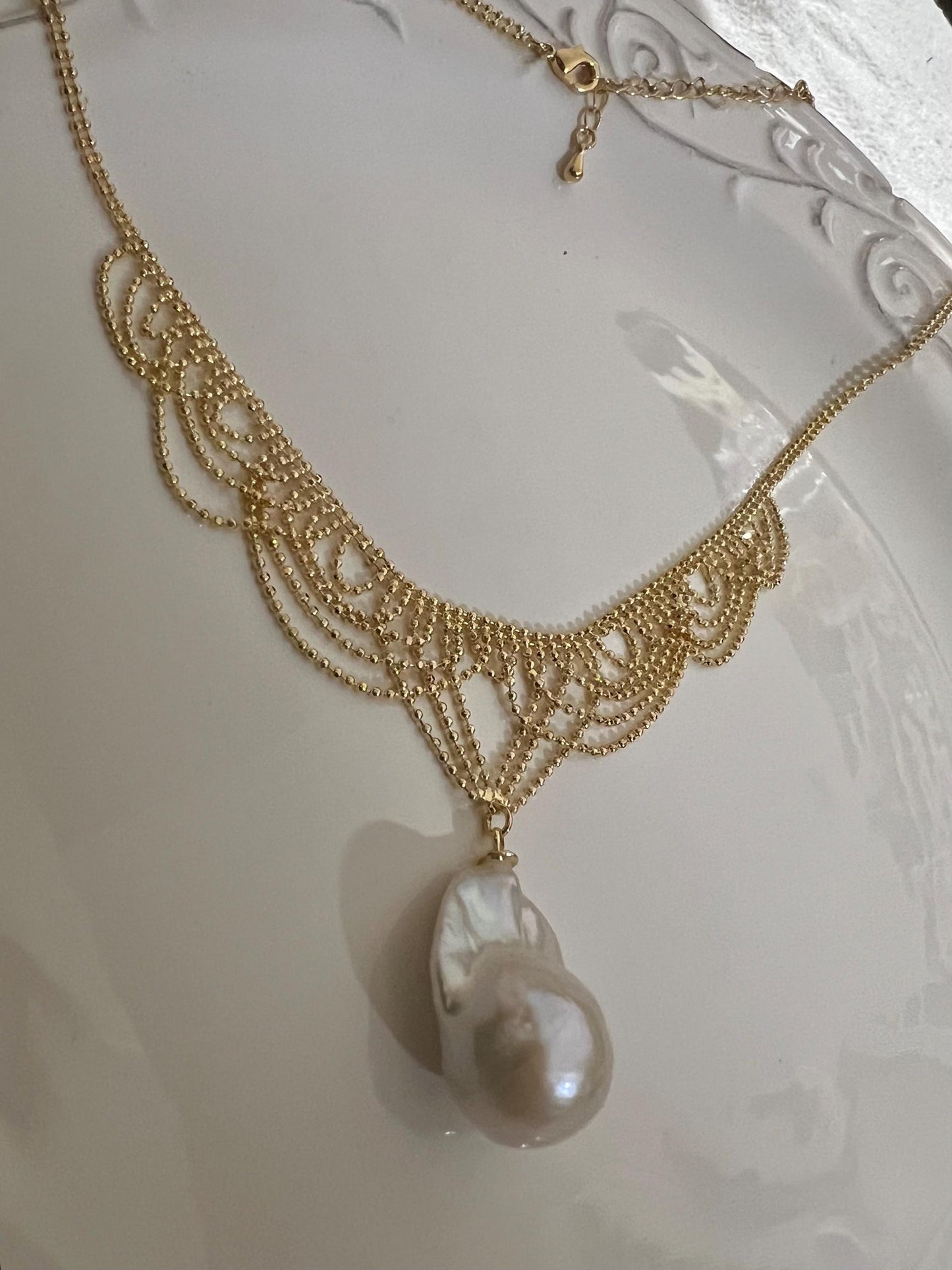 Baroque pearl waving layered chain necklace. Tassels necklace. Boho necklace. Wedding necklace. Gift for her
