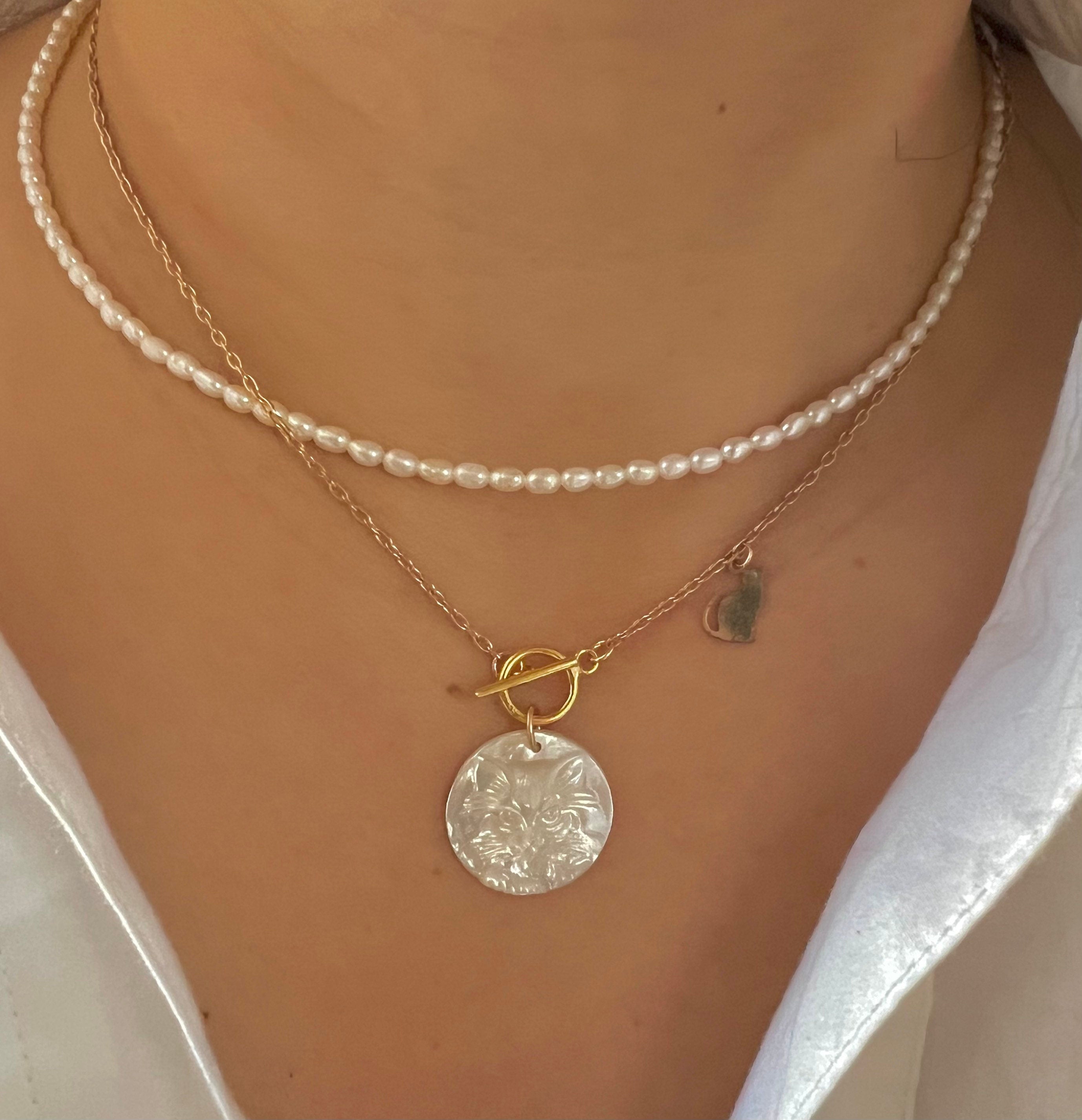 14K gold filled mother of pearl handcrafted cat necklace. OT clasp necklace. Animal necklace. Minimalist necklace. Cute necklace. Valentines