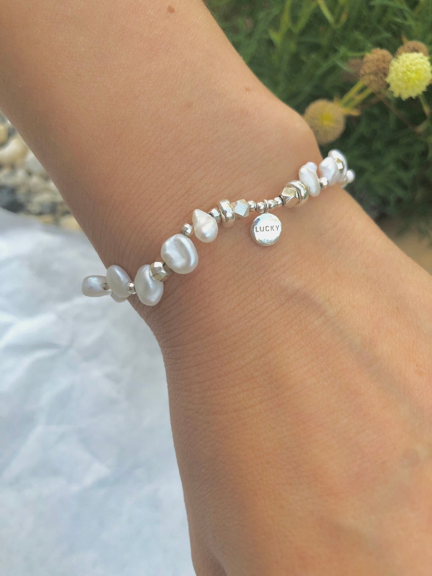 925 sterling silver freshwater pearl Dangle lucky designs bracelet. Baroque petal pearl bracelet. Adorable bracelet. Boho bracelet
