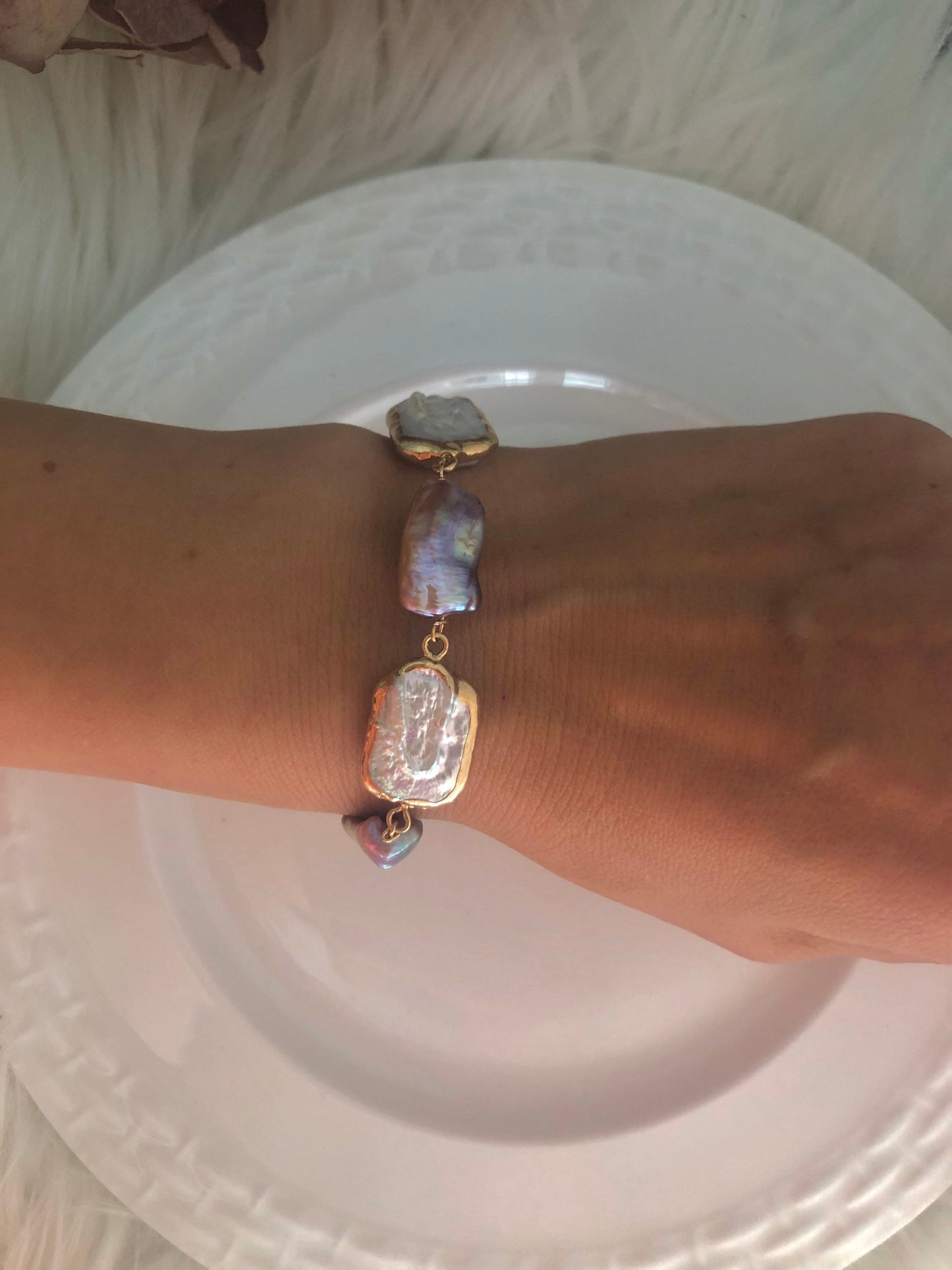 Freshwater multiple-color baroque pearl bracelet. Boho pearl bracelet. June birthstone. High luster pearl biwa bracelet. Chunky bracelet.