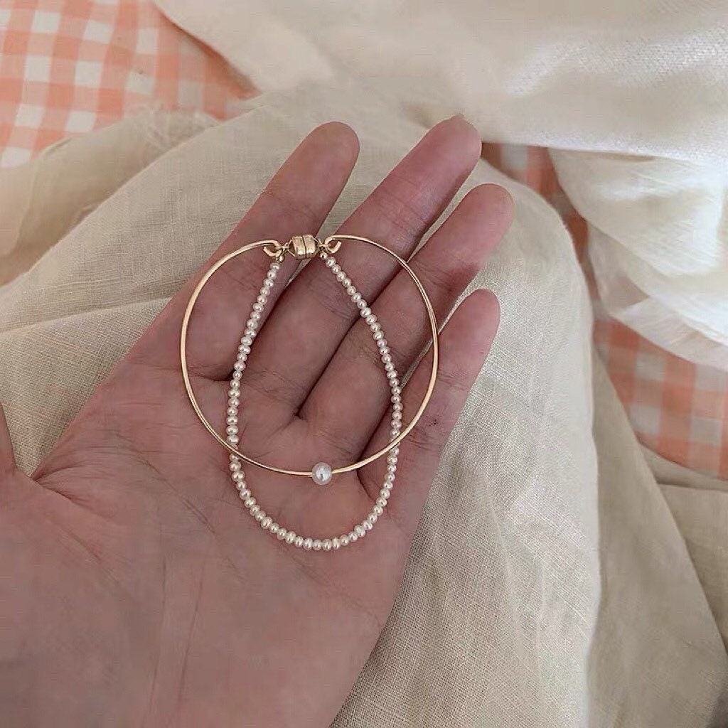 14K gold filled freshwater pearl vintage style double layered Chic bracelet. Real pearl bangle. Baby pearl bangle. Elegant pearl bracelet.