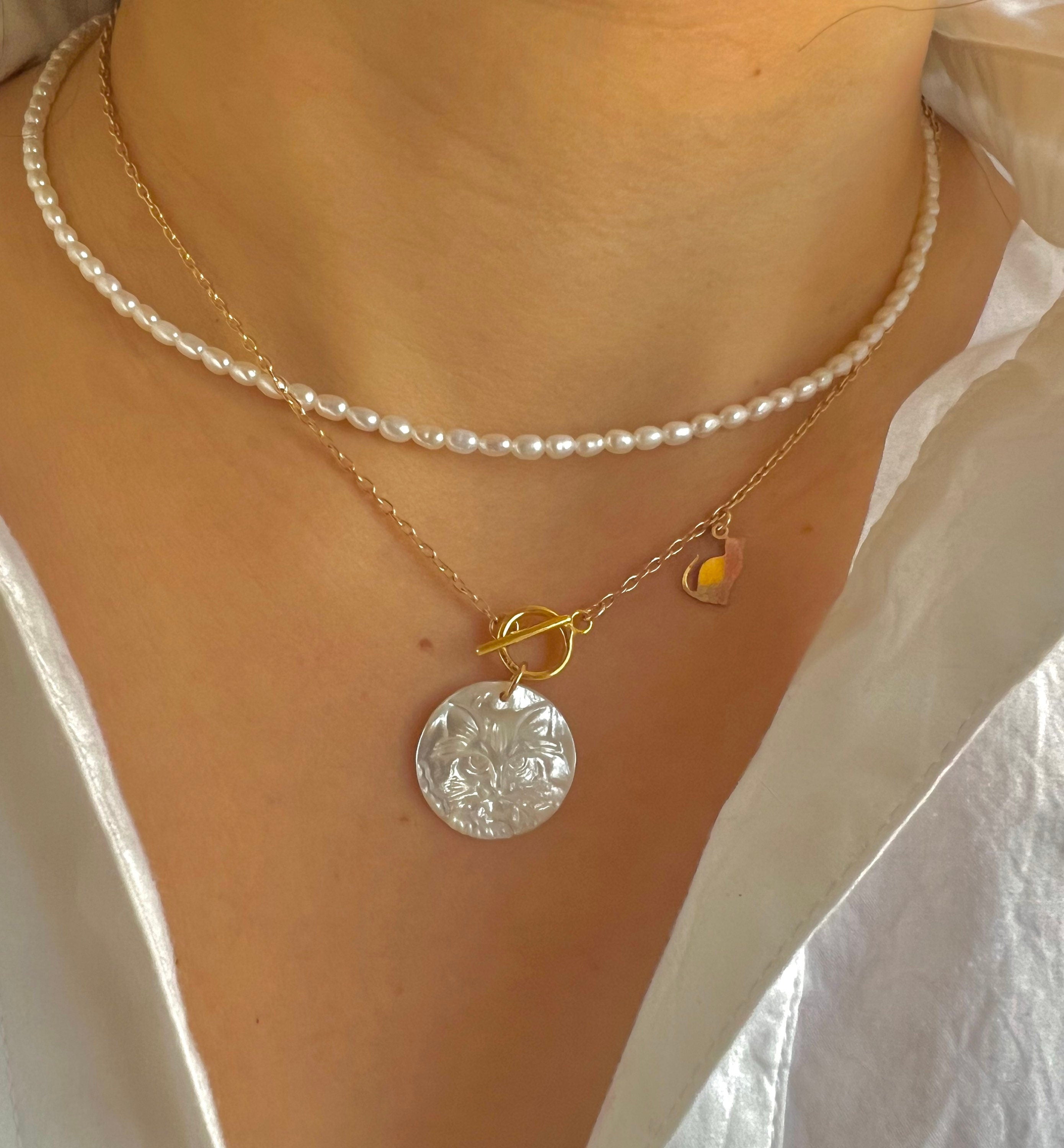 14K gold filled mother of pearl handcrafted cat necklace. OT clasp necklace. Animal necklace. Minimalist necklace. Cute necklace. Valentines