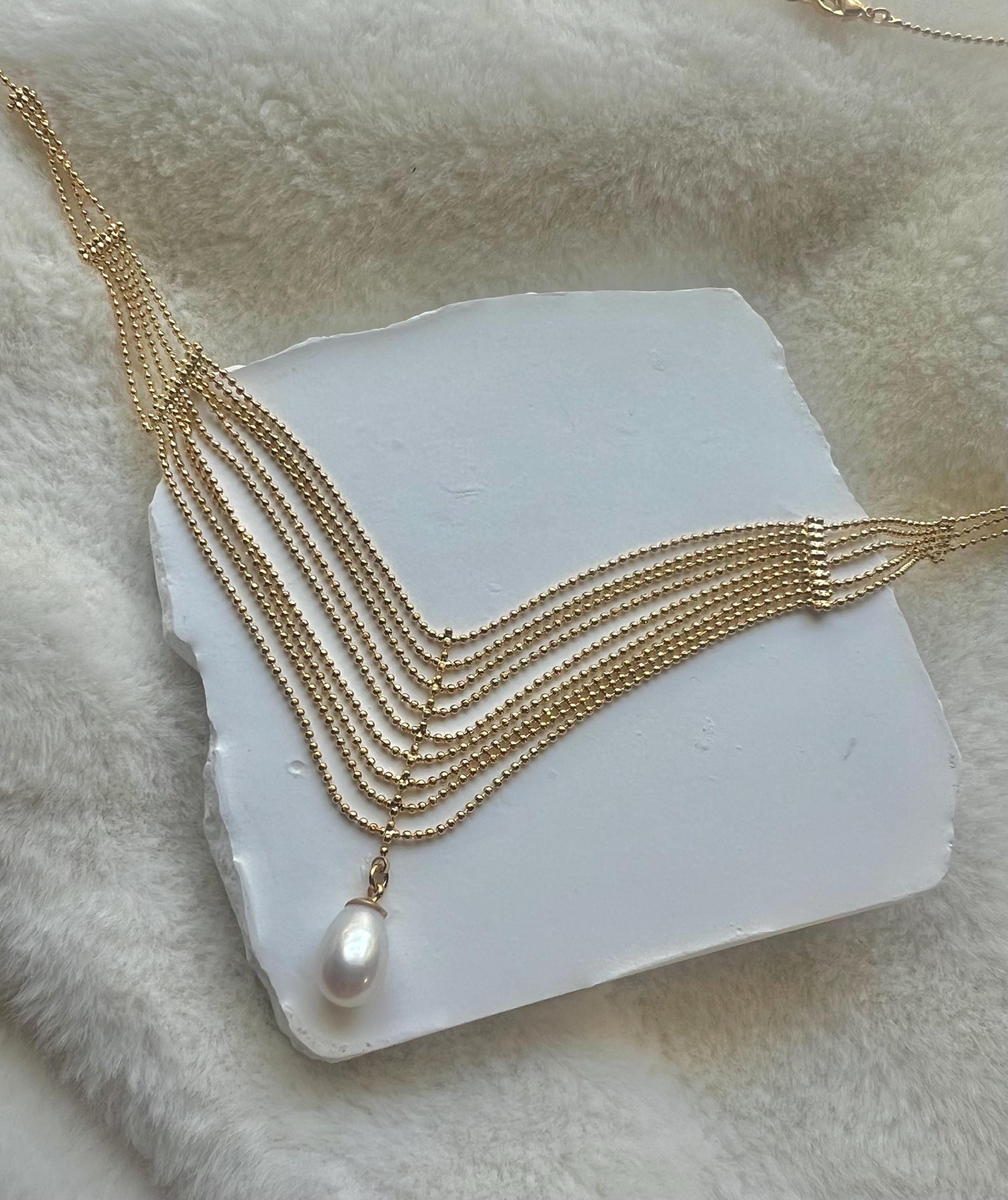 Baroque pearl waving layered chain necklace. Tassels necklace. Boho necklace. Wedding necklace. Gift for her