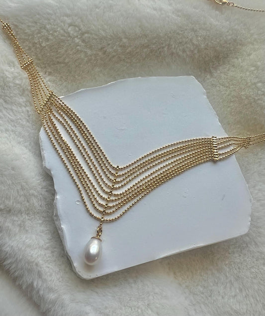 Baroque pearl waving layered chain necklace. Tassels necklace. Boho necklace. Wedding necklace. Gift for her