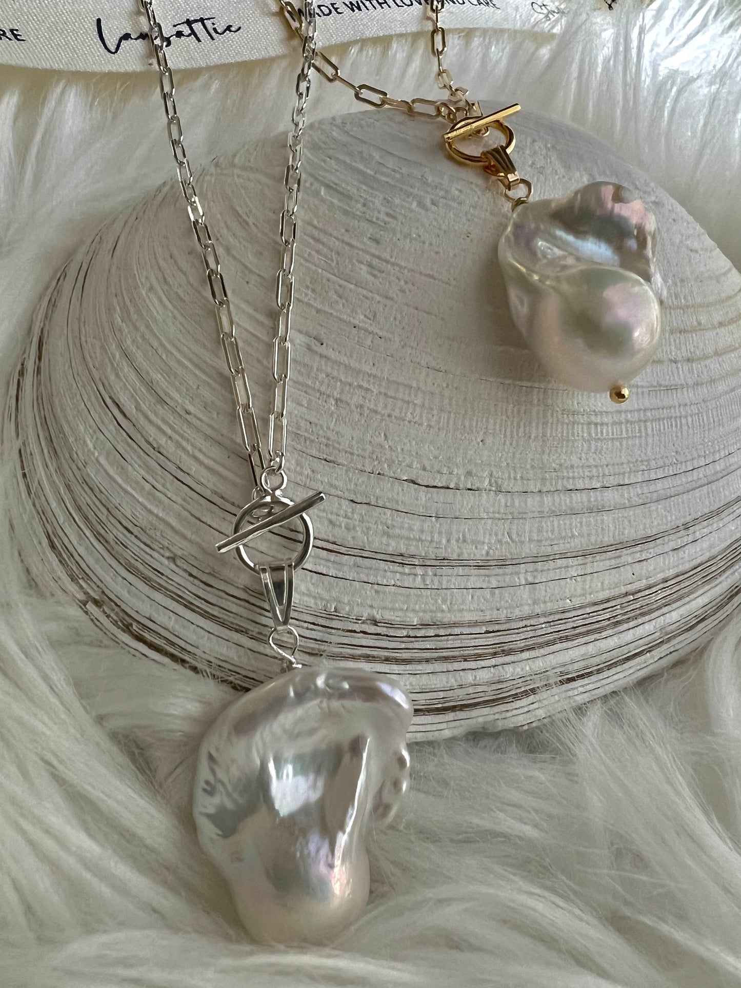 14K gold filled/925 sterling silver dangle high quality luster baroque necklace. Chunky link necklace. Stackable necklace. Gift