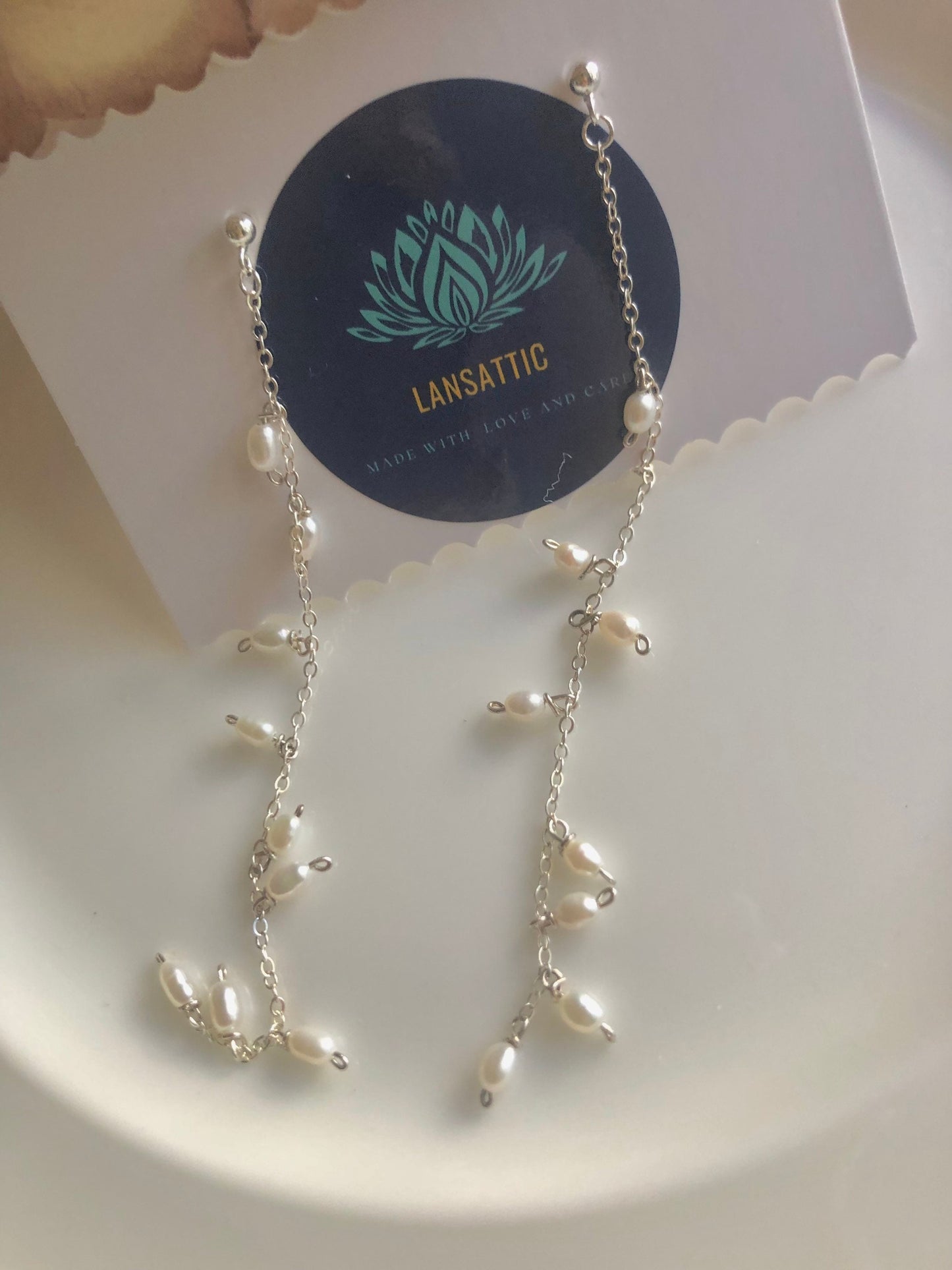 14K gold filled stud long chain dangle pearl earring. Fleurette earring. Bridesmaid gift. Boho wedding pearl earring. Bridal earring.