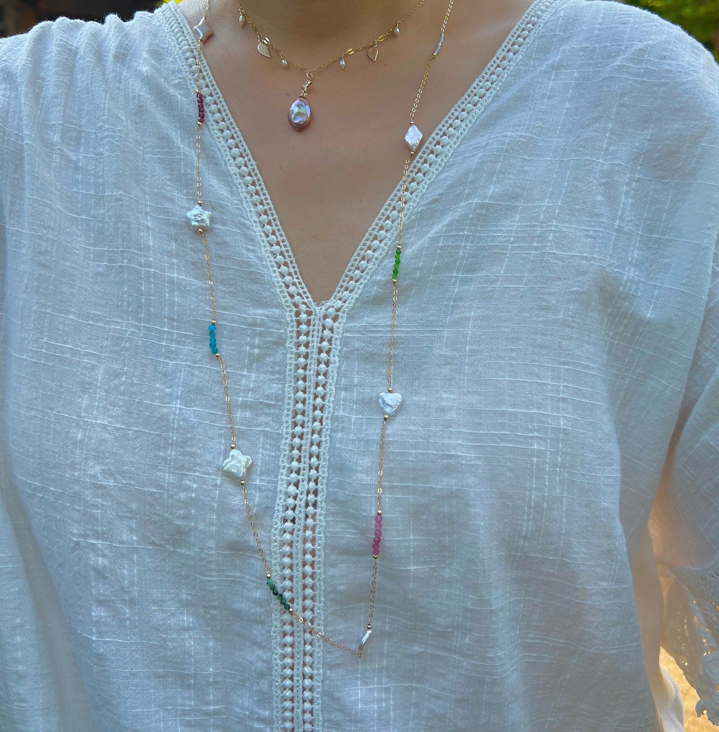 14K gold filled Freshwater baroque pearls natrul gemstone long necklace. Layered necklace. Muilti-color necklace. Gift for her.