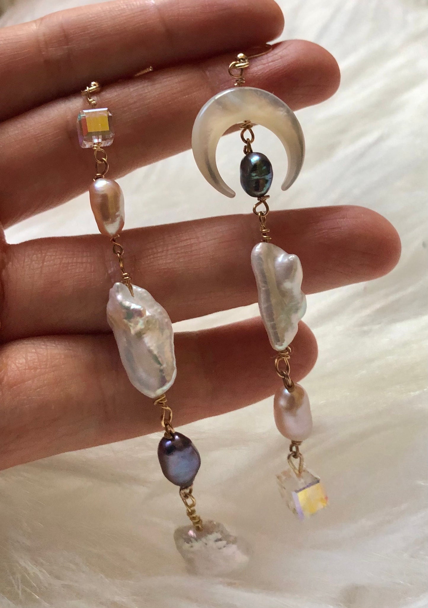 Multicolored multi-shape freshwater baroque pearl earring. Moon and star earrings. Crystal dangle Bridal earrings. Space sparkle earrings.