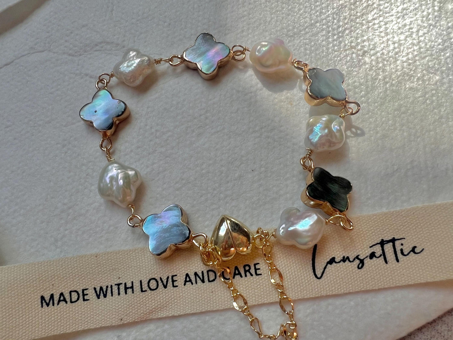 Freshwater multiple-color baroque clover pearl and mother of pearl clover bracelet. White four leaf flower bracelet.  Lucky bracelet.