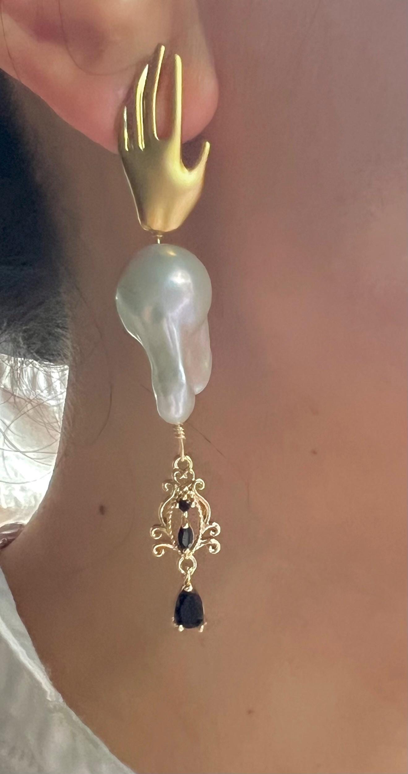 France style freshwater baroque vintage earrings. Gold hand design earrings.  Boho luxe earring. Art deco earrings.