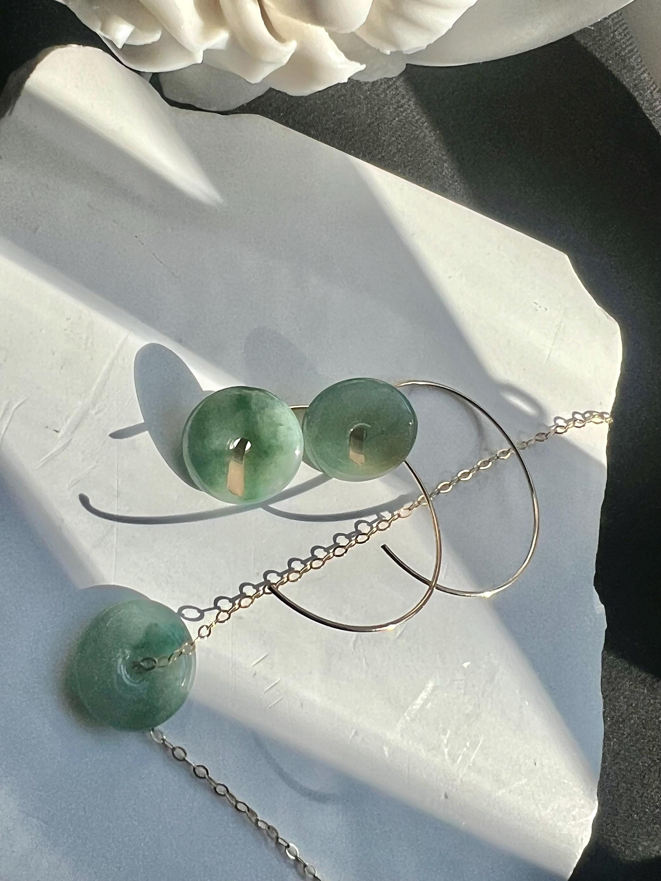 Jadeite Hoop Earrings, Jadeite Donut Earrings, Matching Jade Necklace Set. Minimalist Jewelry.