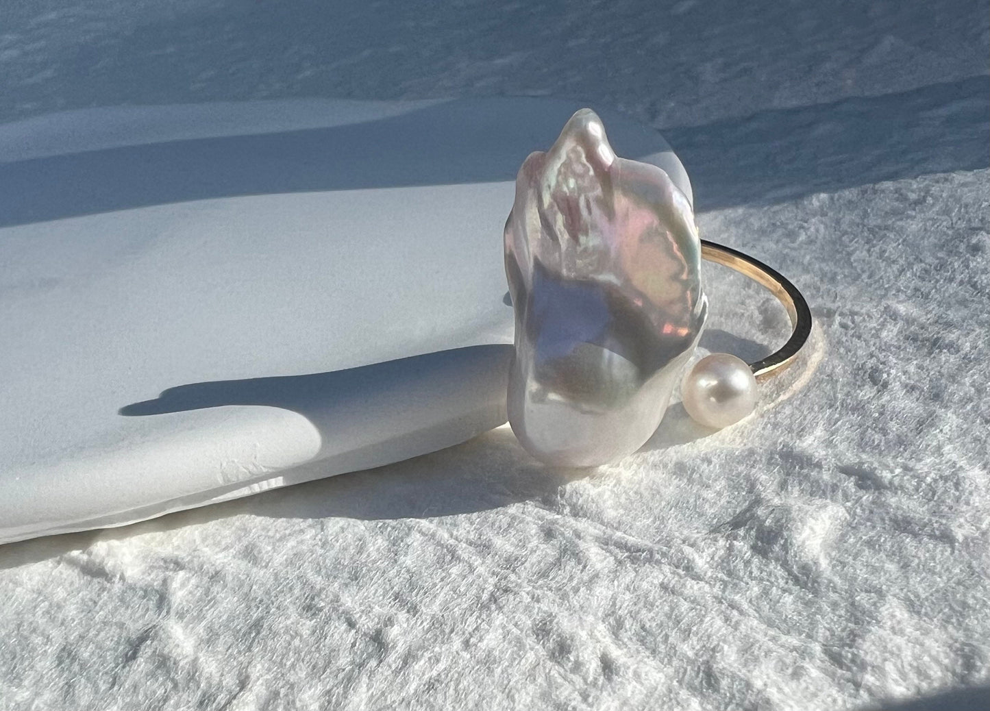 14K gold filled AAA quality luster baroque pearl open adjustable ring. Cultured double pearl ring. White fireball baroque ring. Gift.