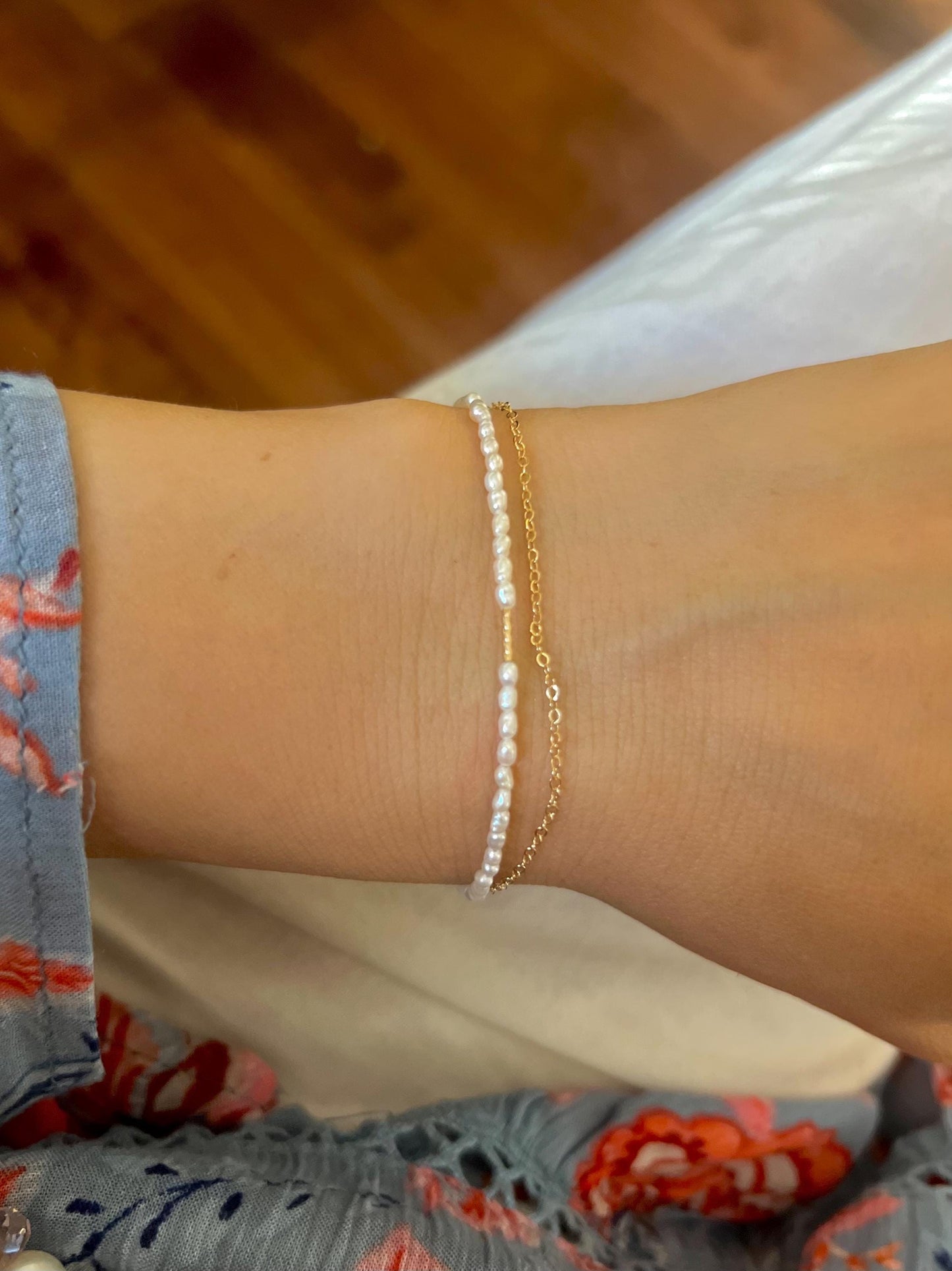 14K gold filled Layered tiny Genuine pearl elegant bracelet. stacking bracelet. Dainty bracelet. Minimalist bracelet. Gift for her.