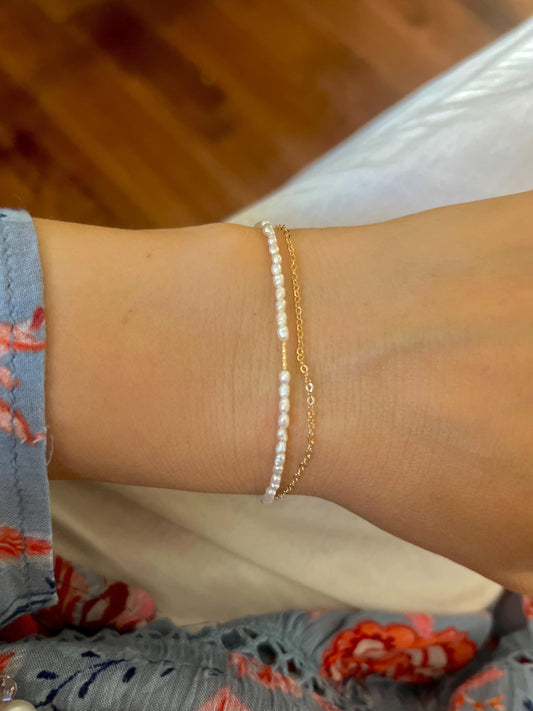 14K gold filled Layered tiny Genuine pearl elegant bracelet. stacking bracelet. Dainty bracelet. Minimalist bracelet. Gift for her.
