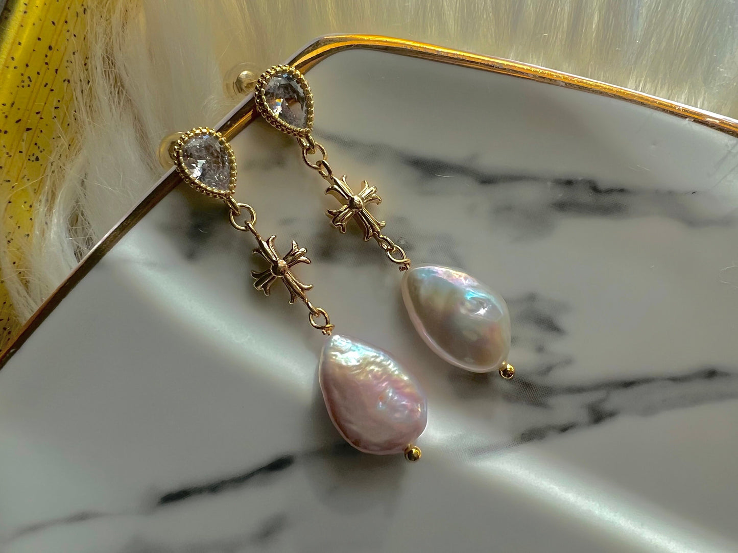 Teardrop freshwater baroque pearl cross dangle vintage earrings. Chic earrings. Antique earrings. Gift for her.