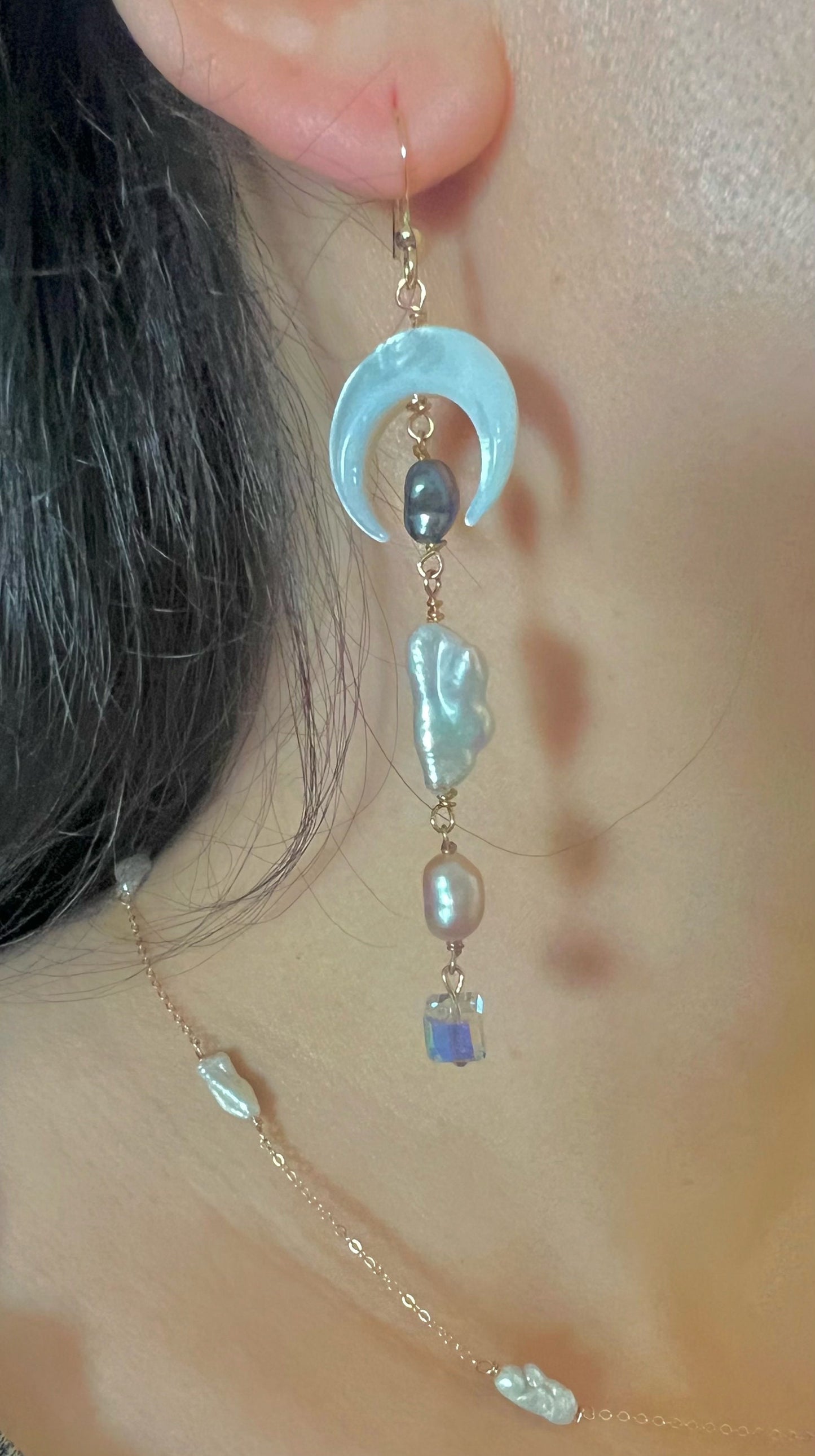 Multicolored multi-shape freshwater baroque pearl earring. Moon and star earrings. Crystal dangle Bridal earrings. Space sparkle earrings.