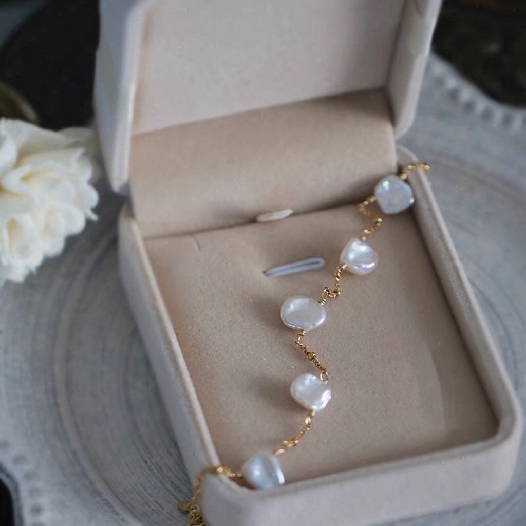 14K gold filled Genuine freshwater baroque petal pearl  bracelet. Dainty bracelet. Charm bracelet. Wedding bracelet. Bridal bracelet.