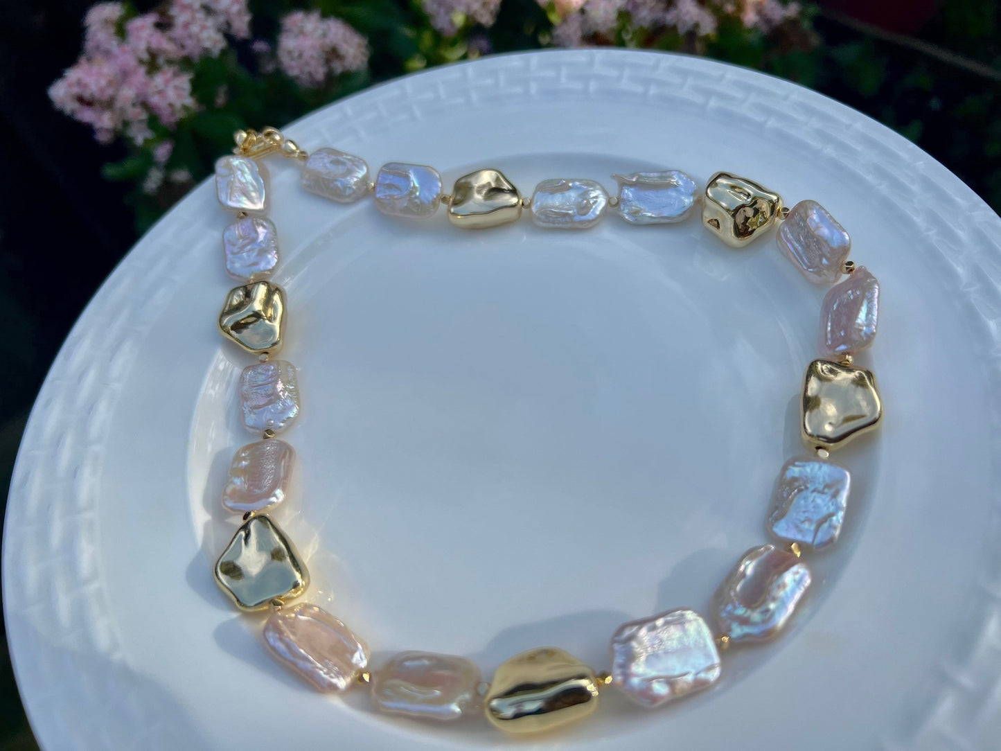 Freshwater baroque rectangular pearl nugget toggle necklace. High luster baroque pearl necklace. Chunky necklace. Gift for her.