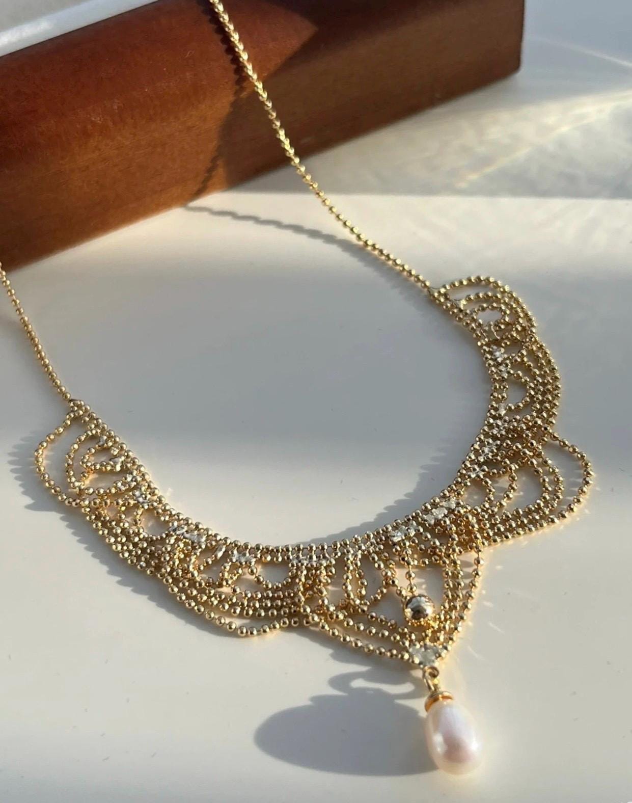 Baroque pearl waving layered chain necklace. Tassels necklace. Boho necklace. Wedding necklace. Gift for her