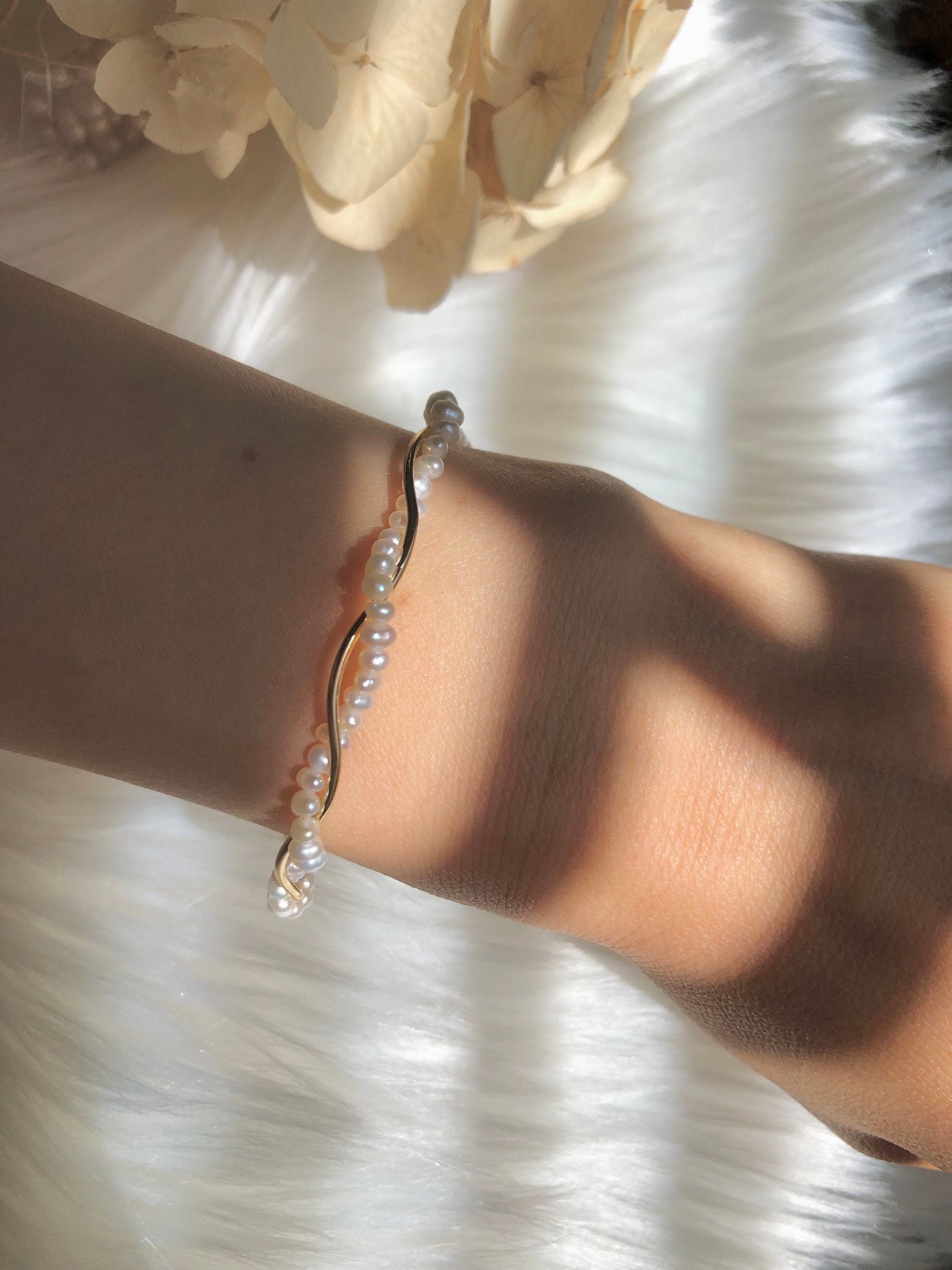 Freshwater pearl wrapped bracelet. Twisted pearl bracelet. Dainty bangle/bracelet. Boho bridal bracelet. Wedding bracelet. gift for her