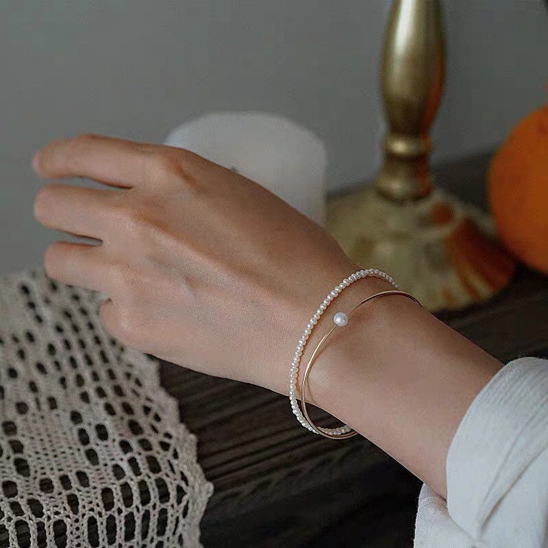 14K gold filled freshwater pearl vintage style double layered Chic bracelet. Real pearl bangle. Baby pearl bangle. Elegant pearl bracelet.