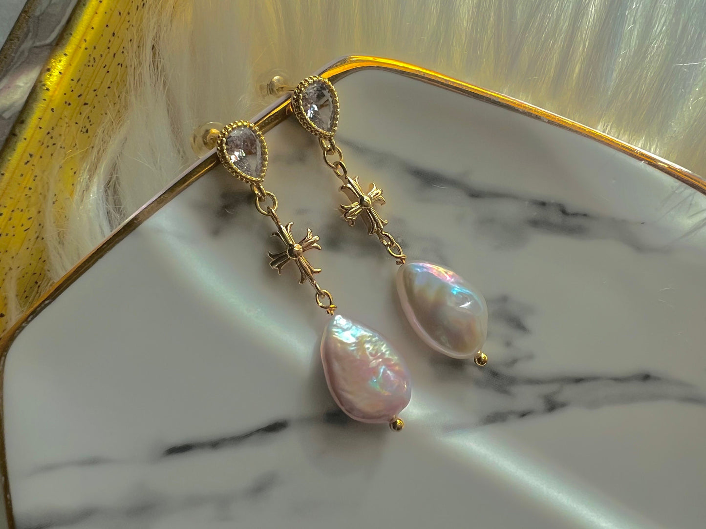 Teardrop freshwater baroque pearl cross dangle vintage earrings. Chic earrings. Antique earrings. Gift for her.