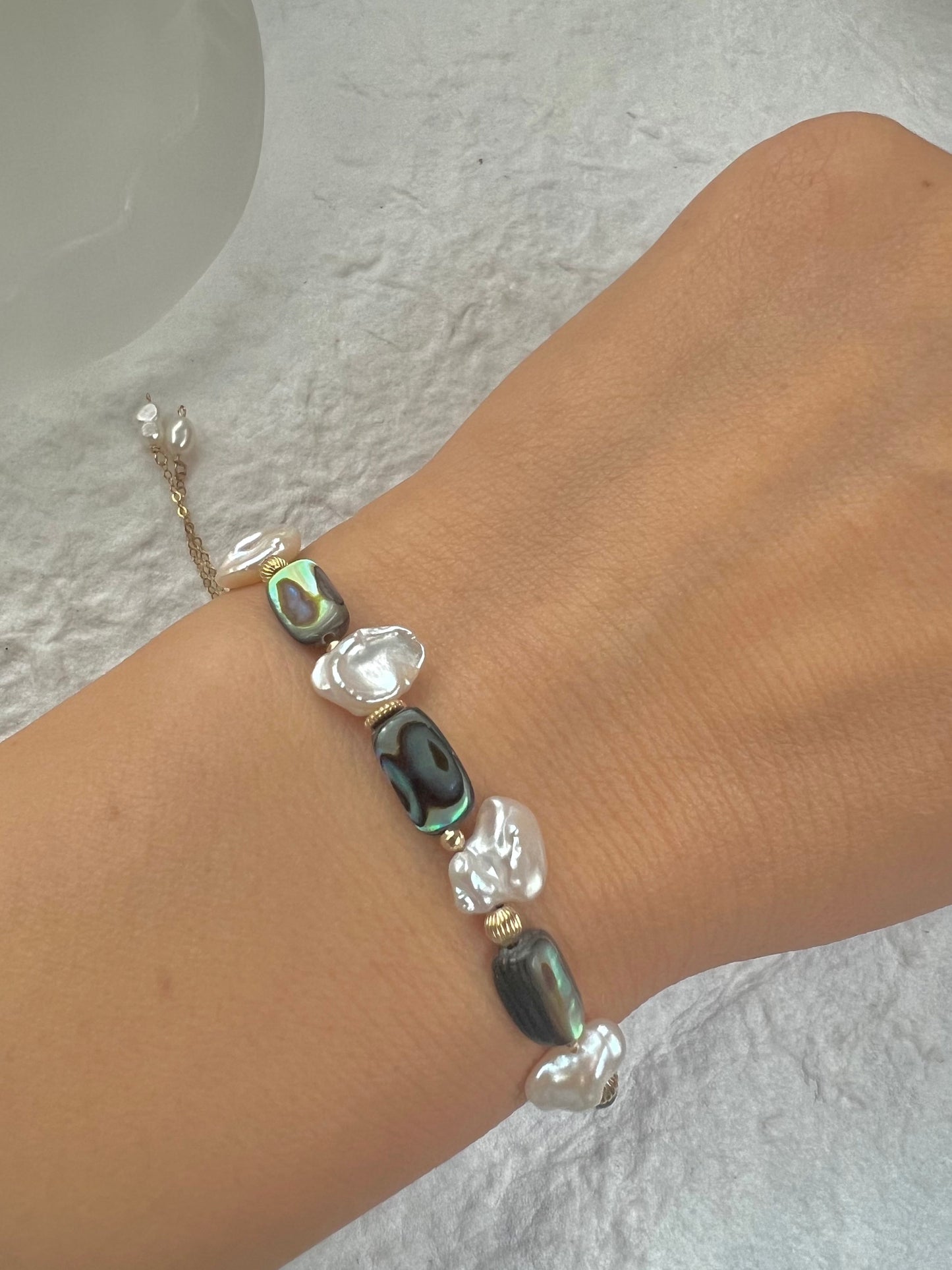 14K gold filled abalone baroque pearl elephant bracelet. Petal pearl bracelet. Lightweight bracelet. Adjustable bracelet