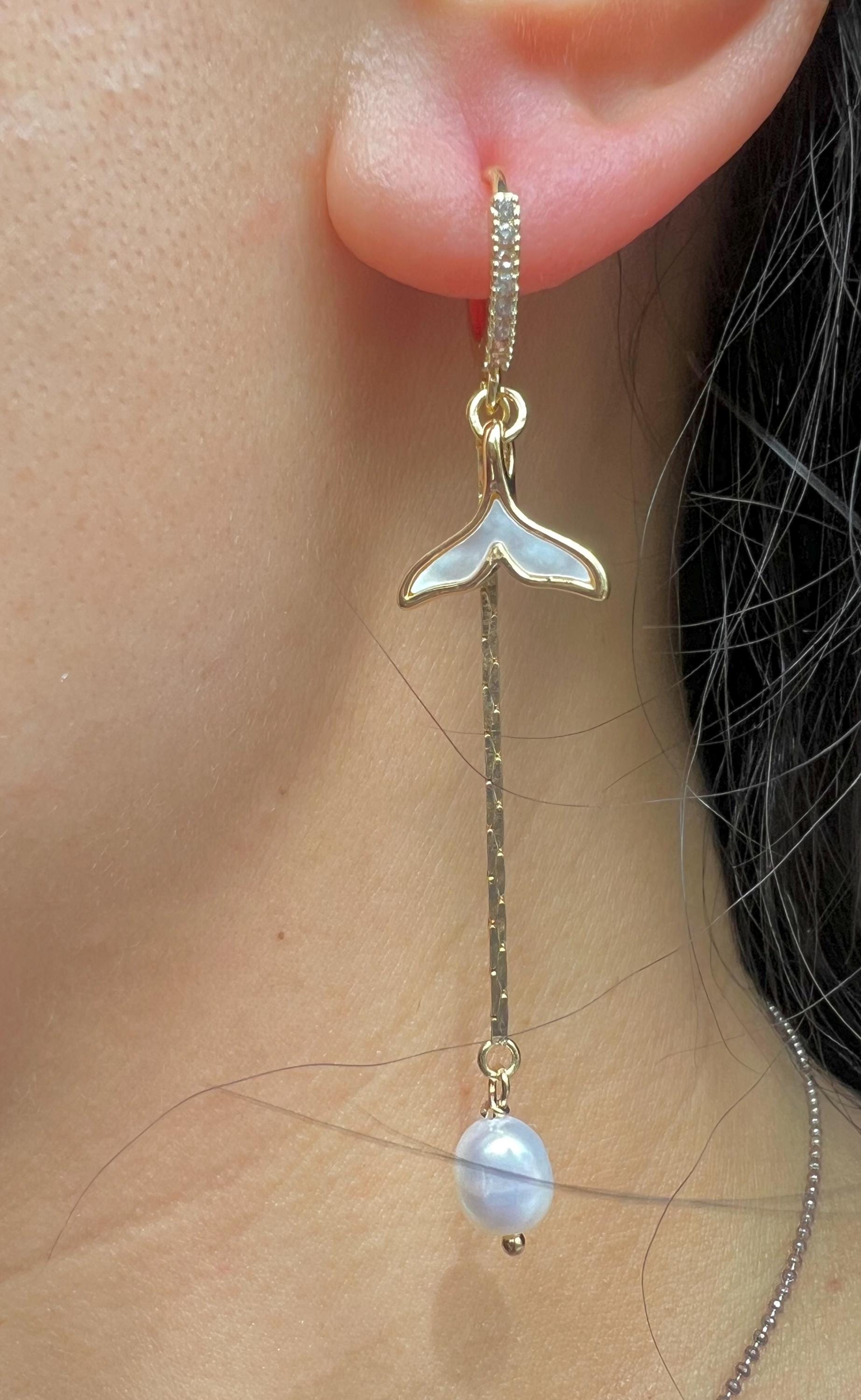 Chic sparkling crystal mermaid freshwater pearl hoop dangle earring. Diamond earrings. Bridal earrings. Gift for her.