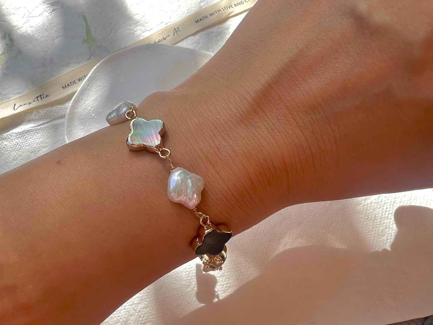 Freshwater multiple-color baroque clover pearl and mother of pearl clover bracelet. White four leaf flower bracelet.  Lucky bracelet.
