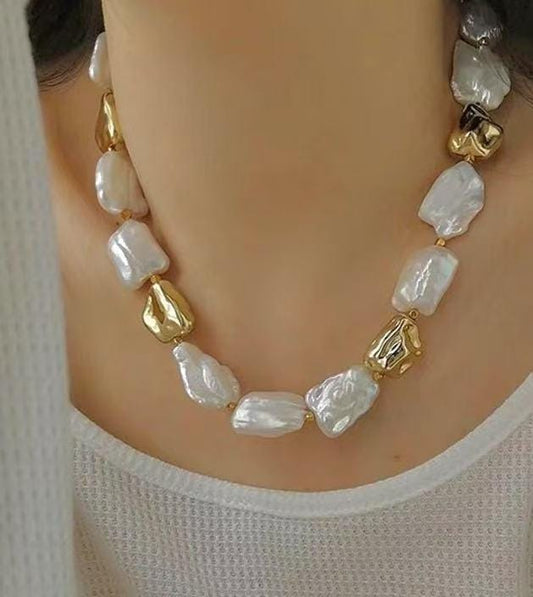Freshwater baroque rectangular pearl nugget toggle necklace. High luster baroque pearl necklace. Chunky necklace. Gift for her.