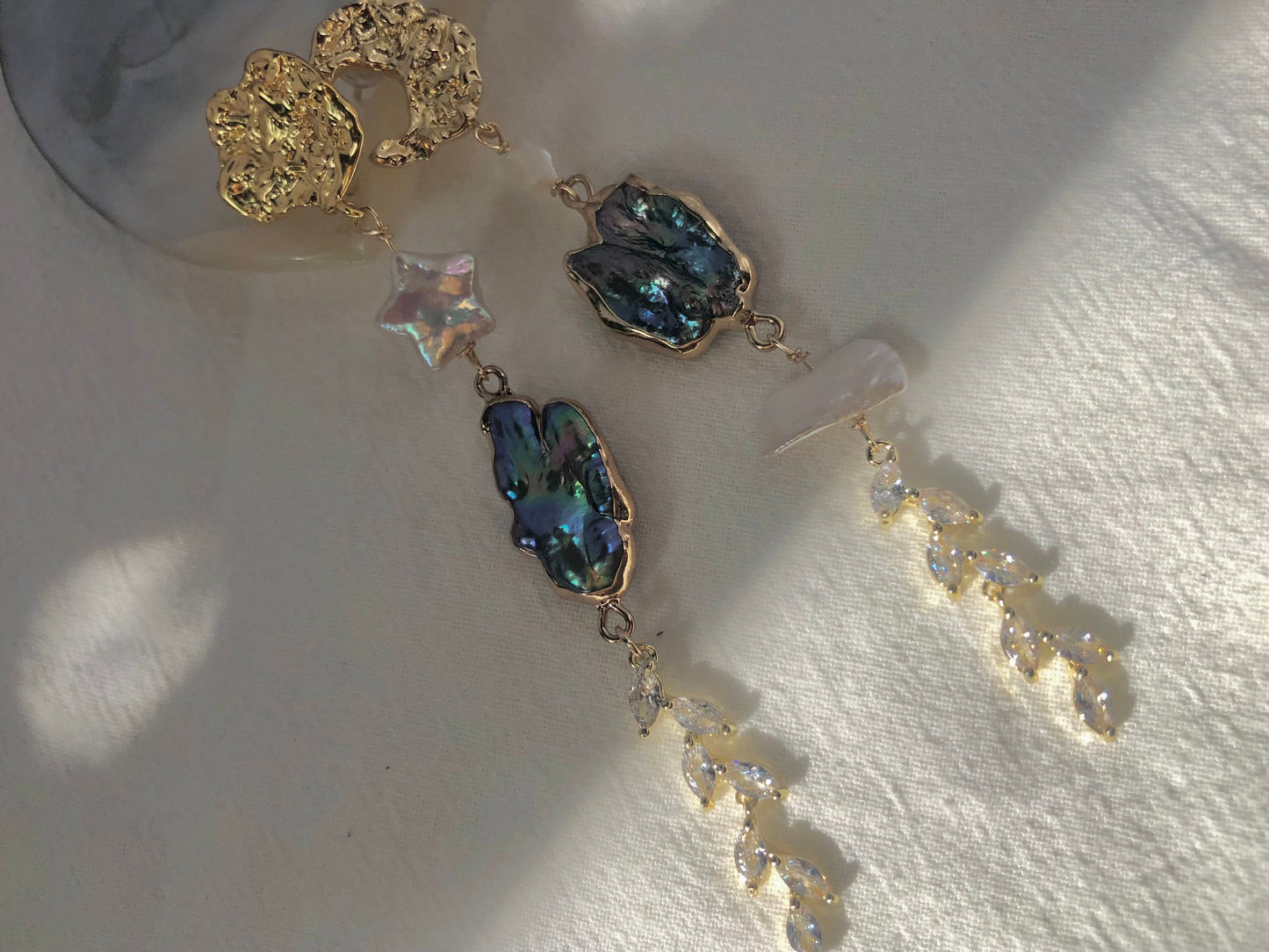 Chic moon star freshwater pearl unbalanced dangle earrings. Designed charm asymmetry earrings. Gift for her