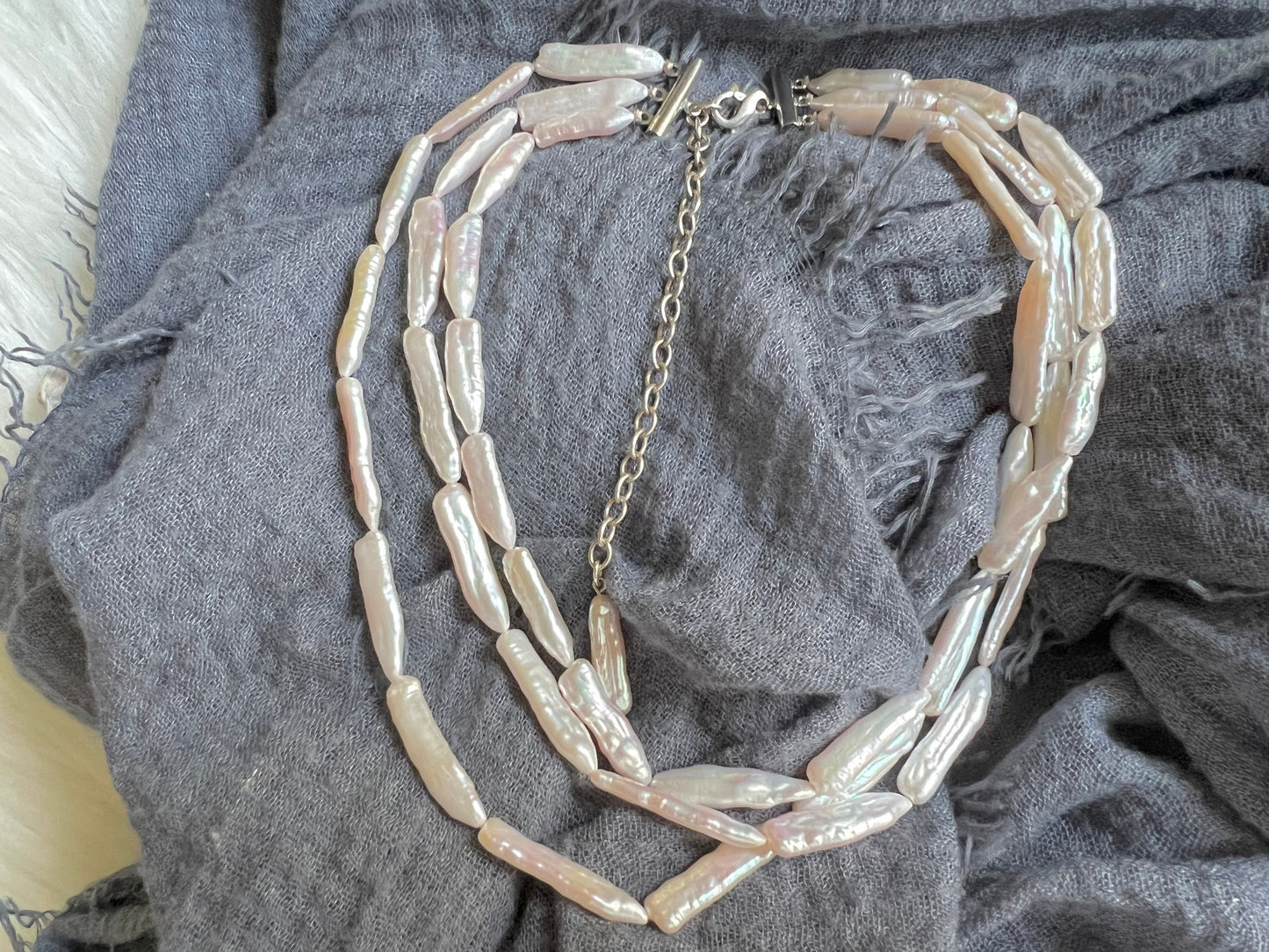 Freshwater keshi pearl triple layered strand necklace. Biwa pearl statement necklace. Boho necklace. OT chunky necklace. Wedding necklace