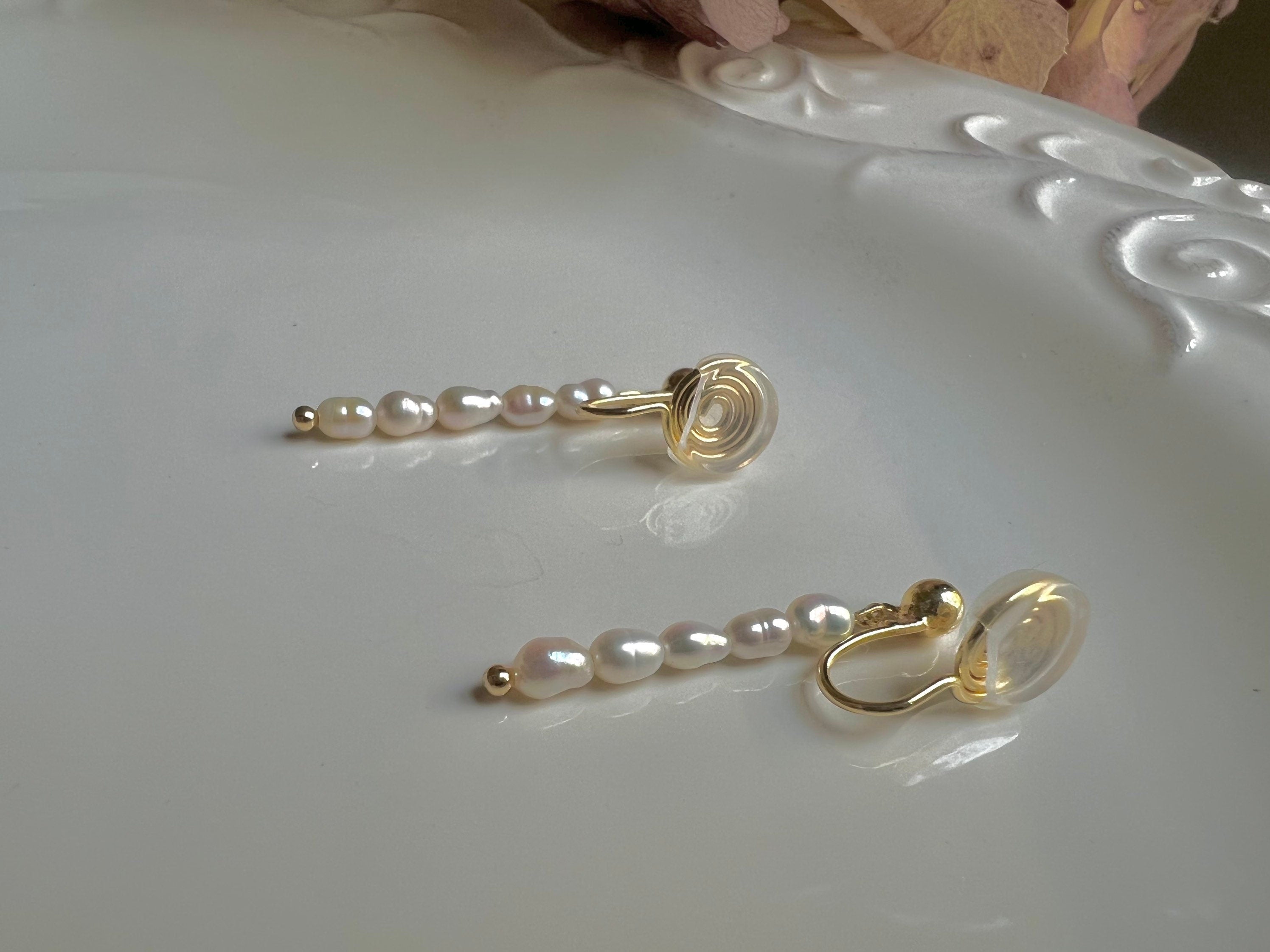 14K gold filled freshwater tiny pearl dangle stud earring. Minimalist clip on earrings. Bridal earrings. Bridesmaid gift.