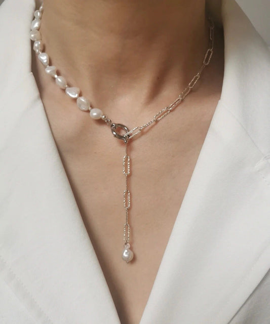 925 sterling silver baroque petal pearl half chain Sparkle charm necklace. Rectangle chain necklace. Minimalist necklace. Chic necklace