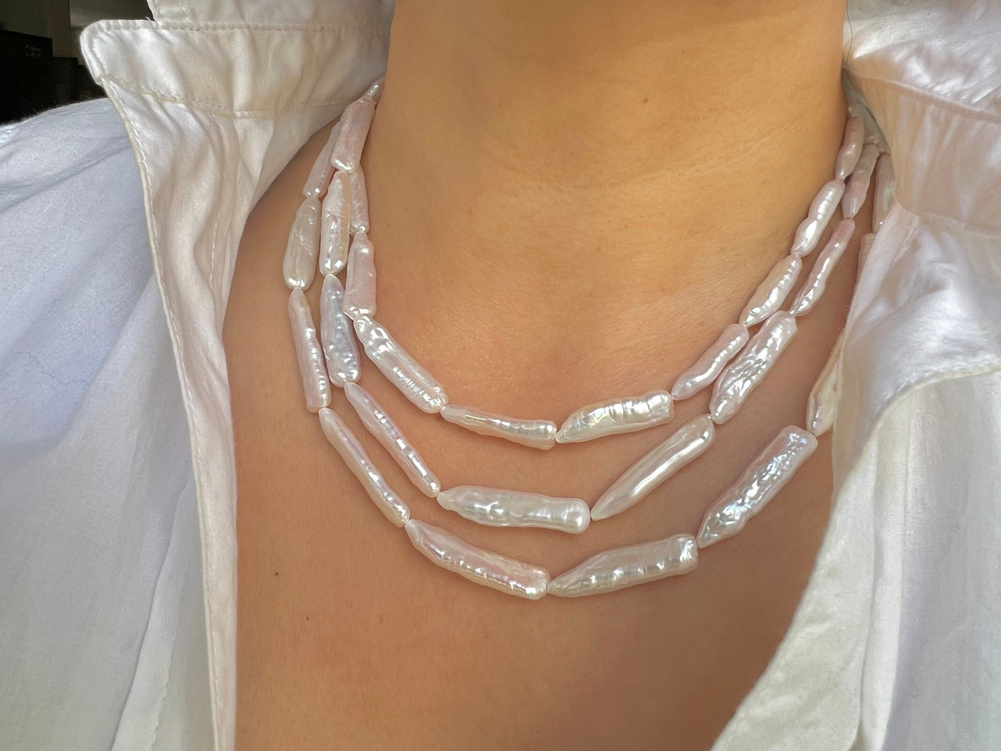 Freshwater keshi pearl triple layered strand necklace. Biwa pearl statement necklace. Boho necklace. OT chunky necklace. Wedding necklace