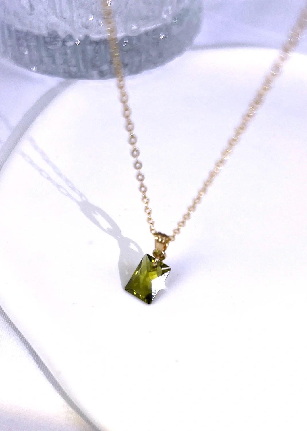 14K gold filled dangle olivine green necklace. Transparent rectangular shaped necklace. Gemstone necklace. Minimalist necklace