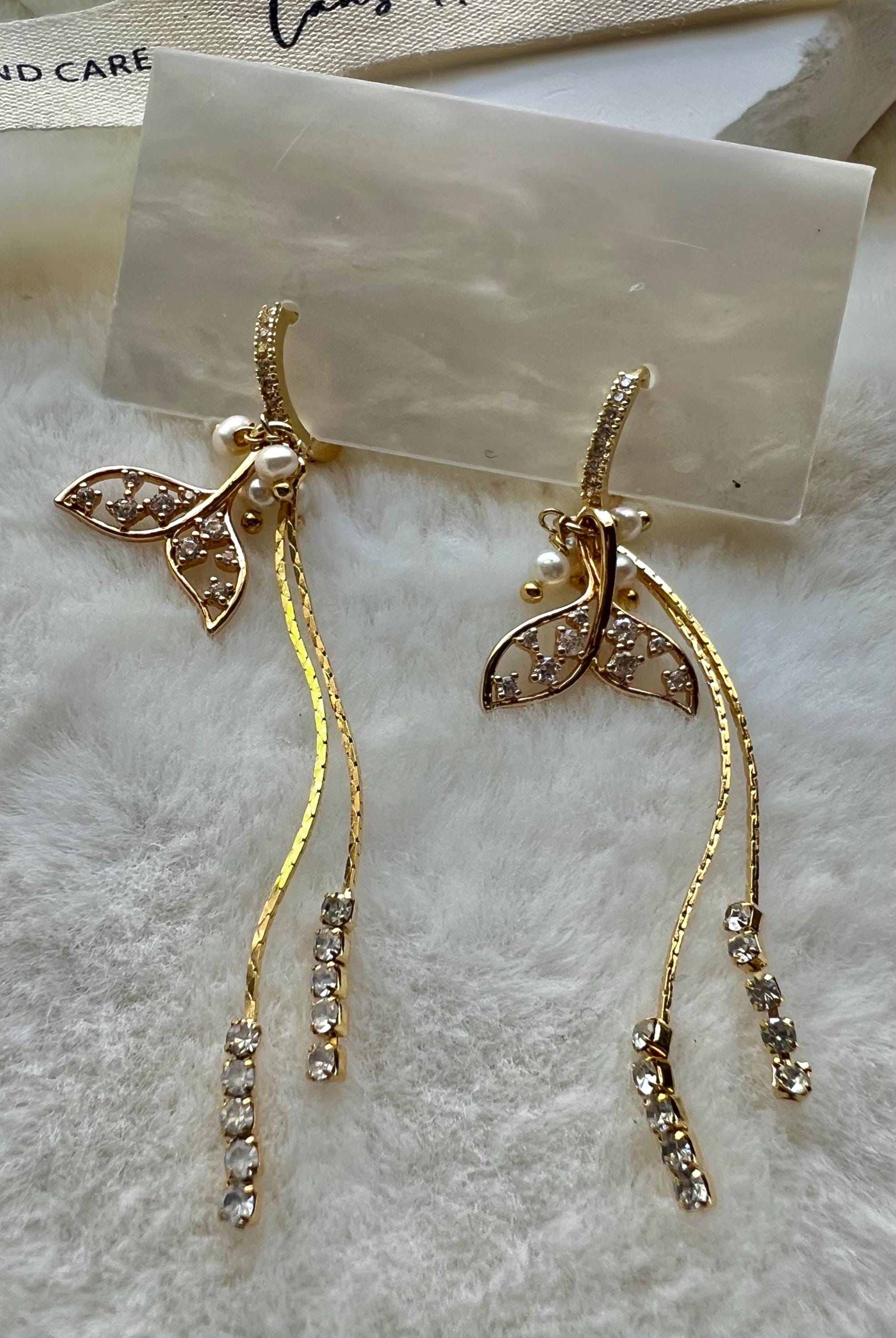 Chic sparkling crystal mermaid freshwater pearl hoop dangle earring. Diamond earrings. Bridal earrings. Gift for her.