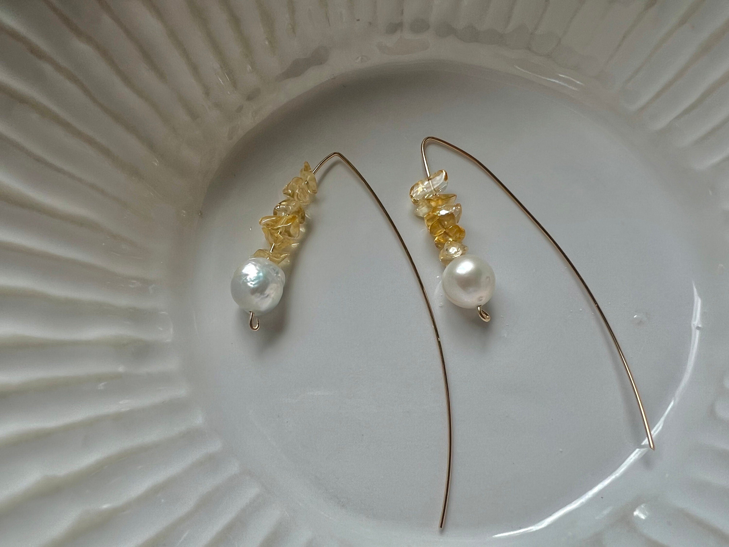14K gold filled wire wrapped Genuine gemstones dangle charm freshwater pearl earrings. tourmaline earrings. Candy earrings.